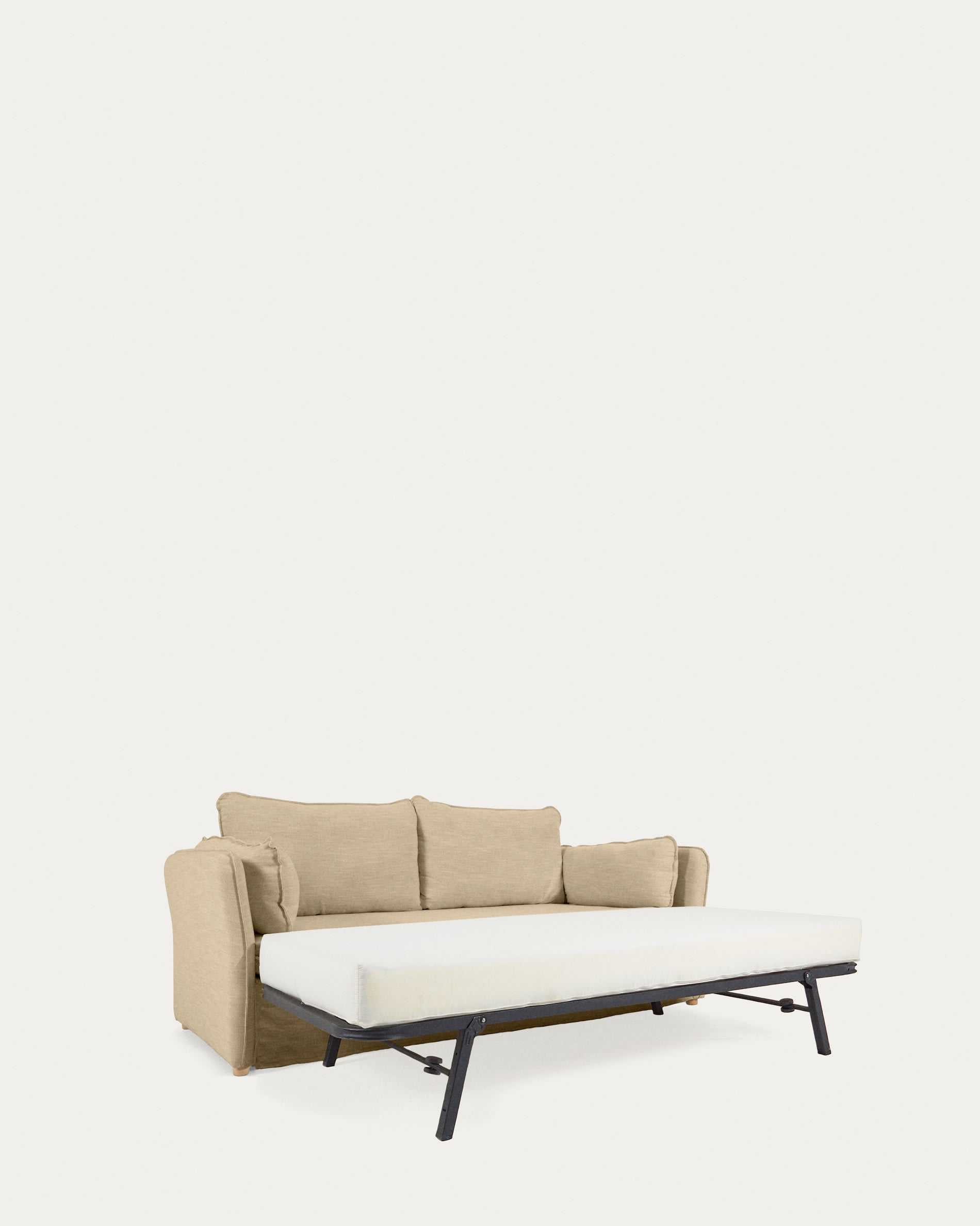 Das Tanit Schlafsofa in Beige bietet eleganten Komfort und Funktionalität. Mit stabilen Buchenholzbeinen und hochwertigem Leinenstoff ist es ideal für jedes Zuhause.