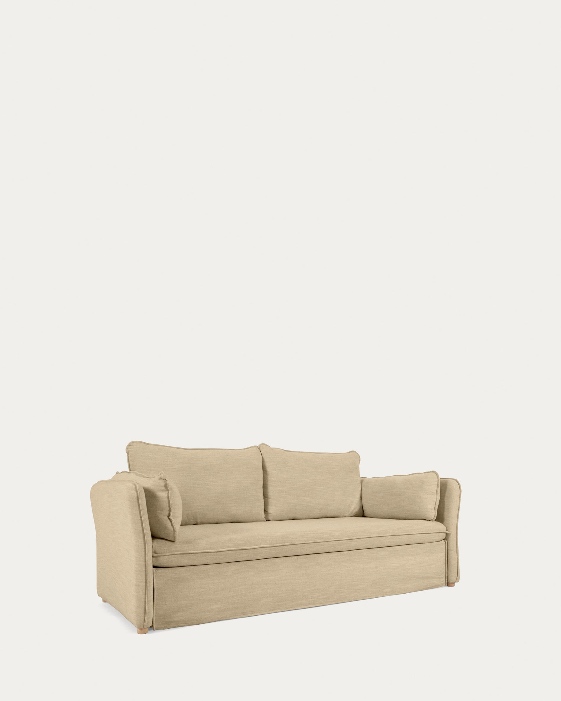 Das Tanit Schlafsofa in Beige vereint stilvolles Design mit praktischer Funktionalität. Robuste Buchenholzbeine und atmungsaktiver Leinenstoff sorgen für Komfort und Langlebigkeit.