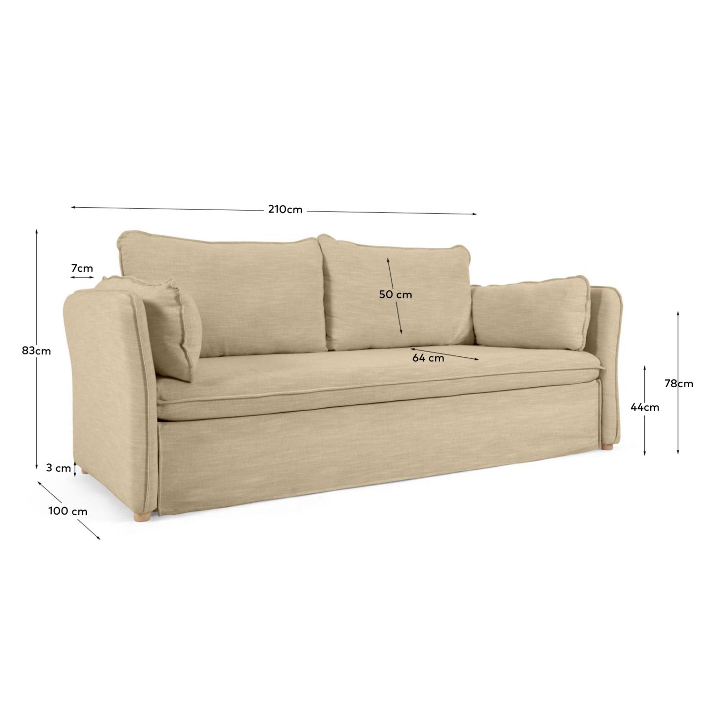 Das Tanit Schlafsofa in Beige vereint stilvolles Design mit Funktionalität. Massive Buchenholzbeine und atmungsaktiver Leinenstoff sorgen für Komfort und Nachhaltigkeit.