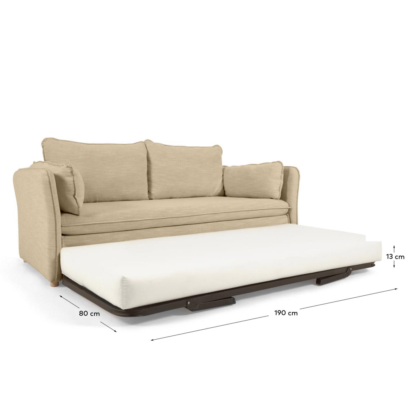 Das Tanit Schlafsofa in Beige bietet eleganten Komfort und praktische Umwandlung. Mit stabilen Buchenholzbeinen und hochwertigem Leinenstoff ist es ideal für jedes Zuhause.
