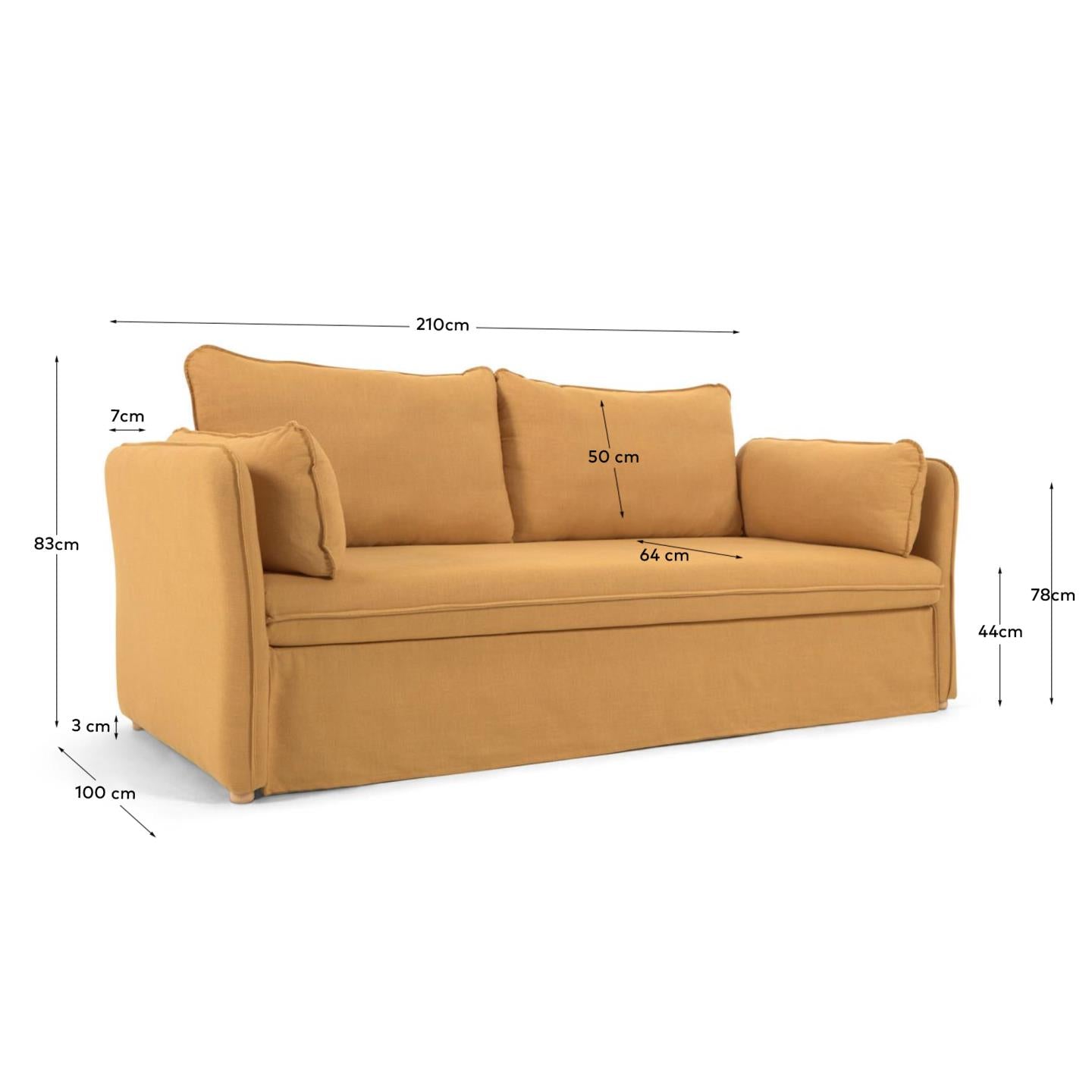 Das Tanit Schlafsofa in elegantem Senfton bietet Komfort und Stil. Mit atmungsaktiver Leinenpolsterung und stabilen Buchenholzbeinen ist es ideal für jedes Zuhause.