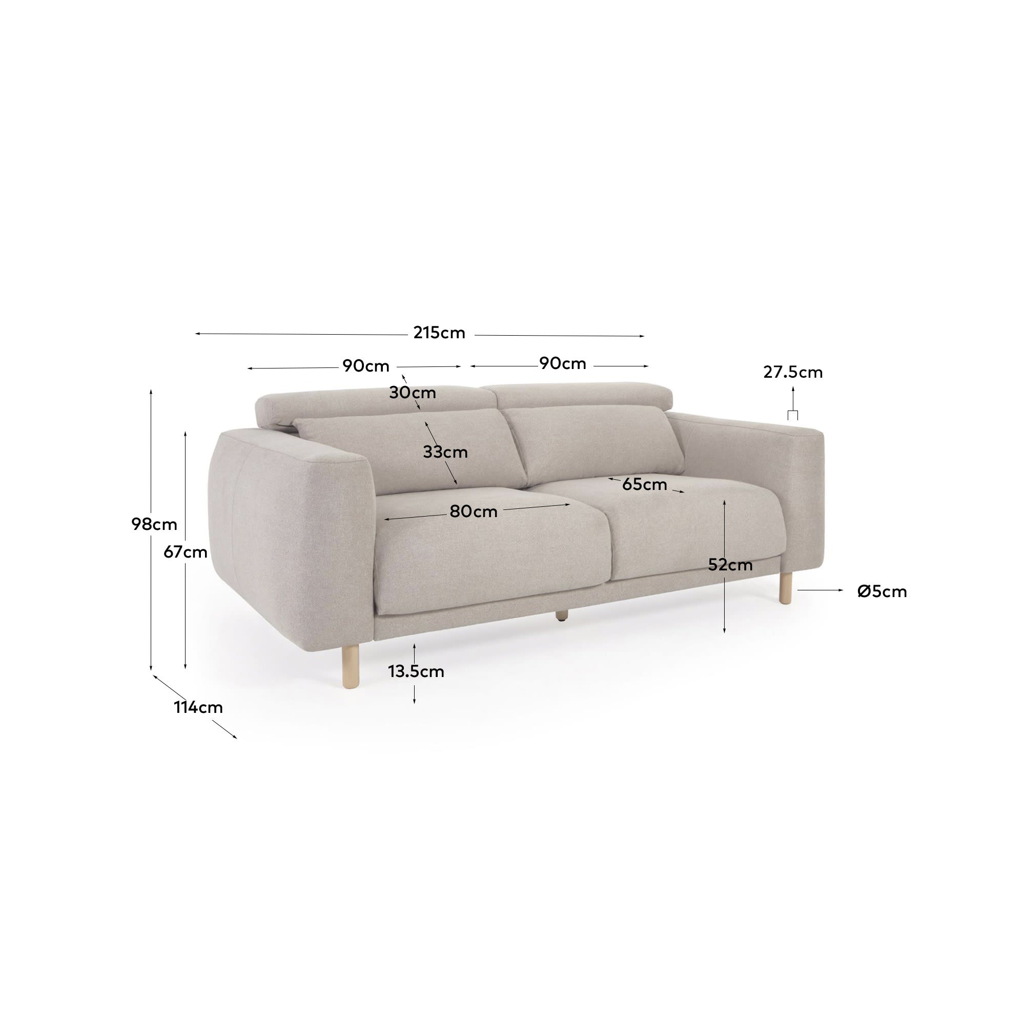 Erleben Sie das Singa 3-Sitzer Sofa von Kave Home: stilvolles Beige, flexible Kopfstützen und erweiterbare Sitzflächen für höchsten Komfort und Nachhaltigkeit.