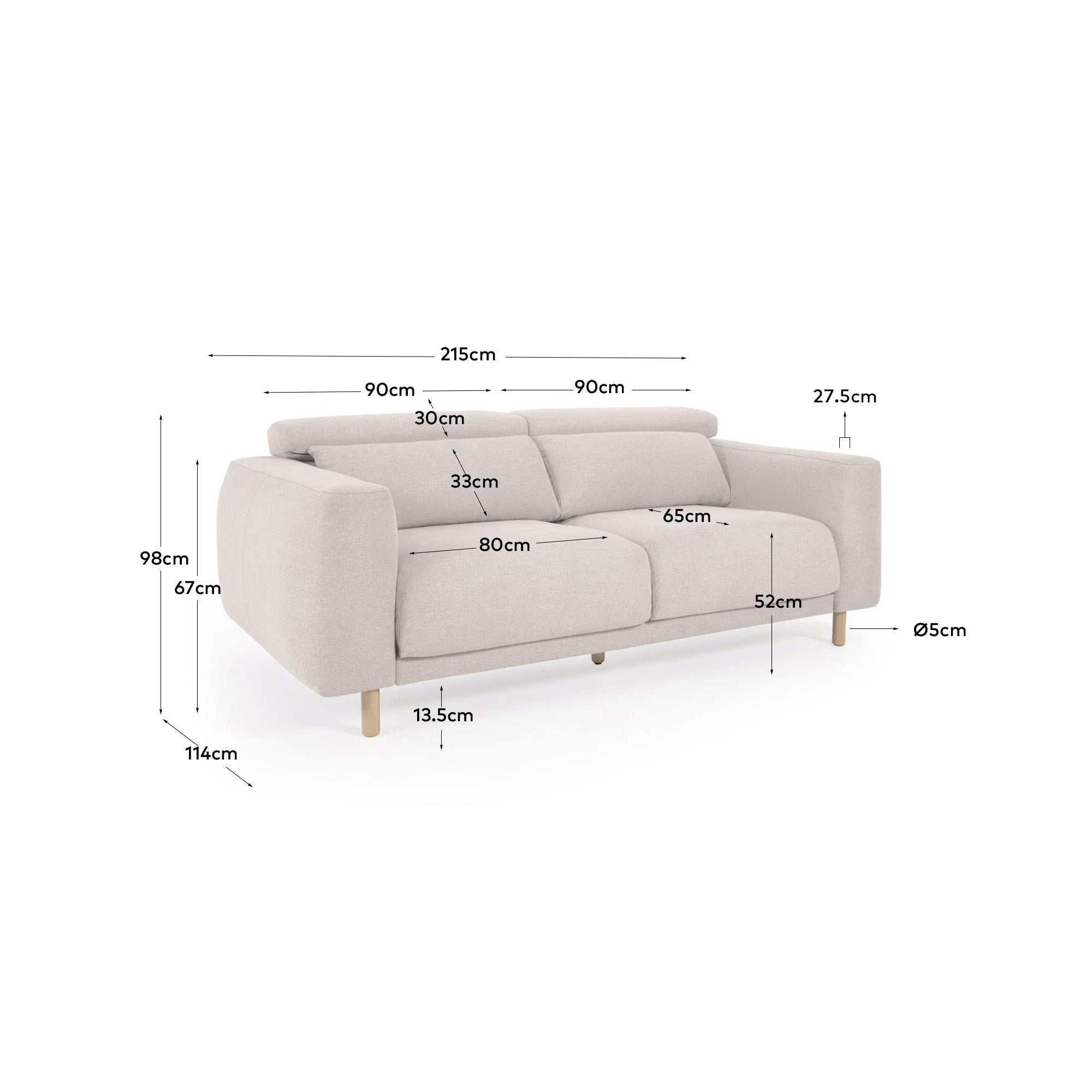 Singa 3-Sitzer Sofa mit verstellbarer Kopfstütze und ausziehbarem Sitz weiß 215 cm in Ecru präsentiert im Onlineshop von KAQTU Design AG. 3er Sofa ist von Kave Home