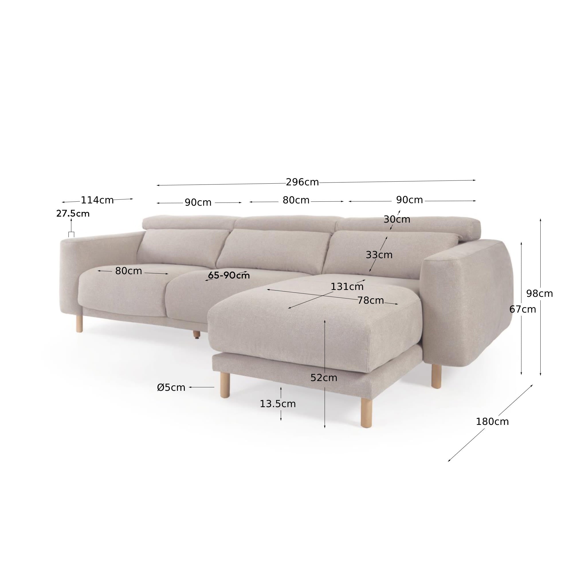 Erleben Sie das elegante Singa 3-Sitzer Sofa mit Chaiselongue rechts. Verstellbare Kopfstützen und ausziehbare Sitze für ultimativen Komfort.