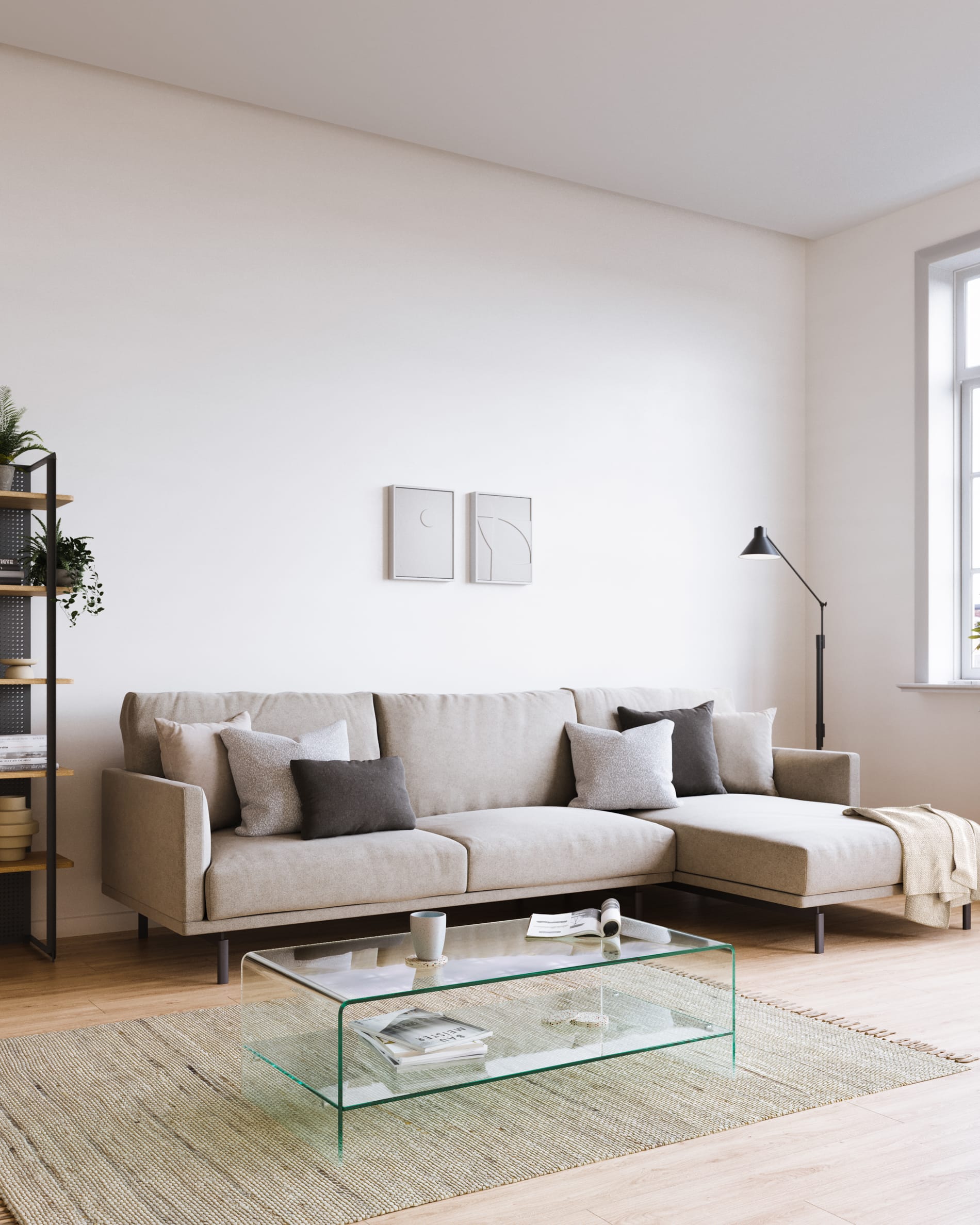 Entdecken Sie das stilvolle Galene 4-Sitzer Sofa in Beige mit rechter Chaiselongue. Ideal für entspannte Stunden und umweltbewusste Einrichtung.