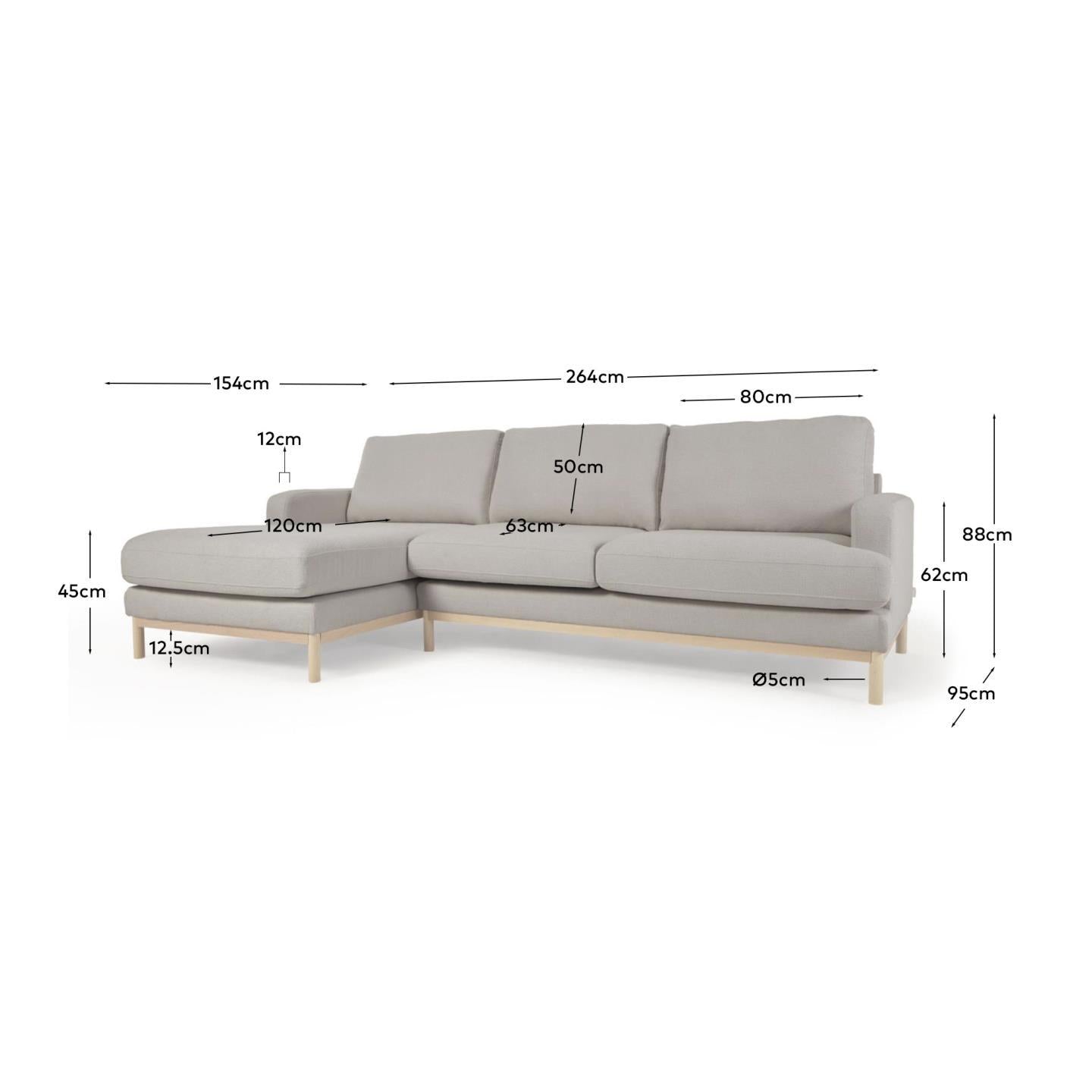Entdecke das stilvolle Sofa Mihaela von Kave Home: 3-Sitzer mit Chaiselongue links, umweltfreundlicher Mikro-Bouclé-Bezug in modernem Grau.