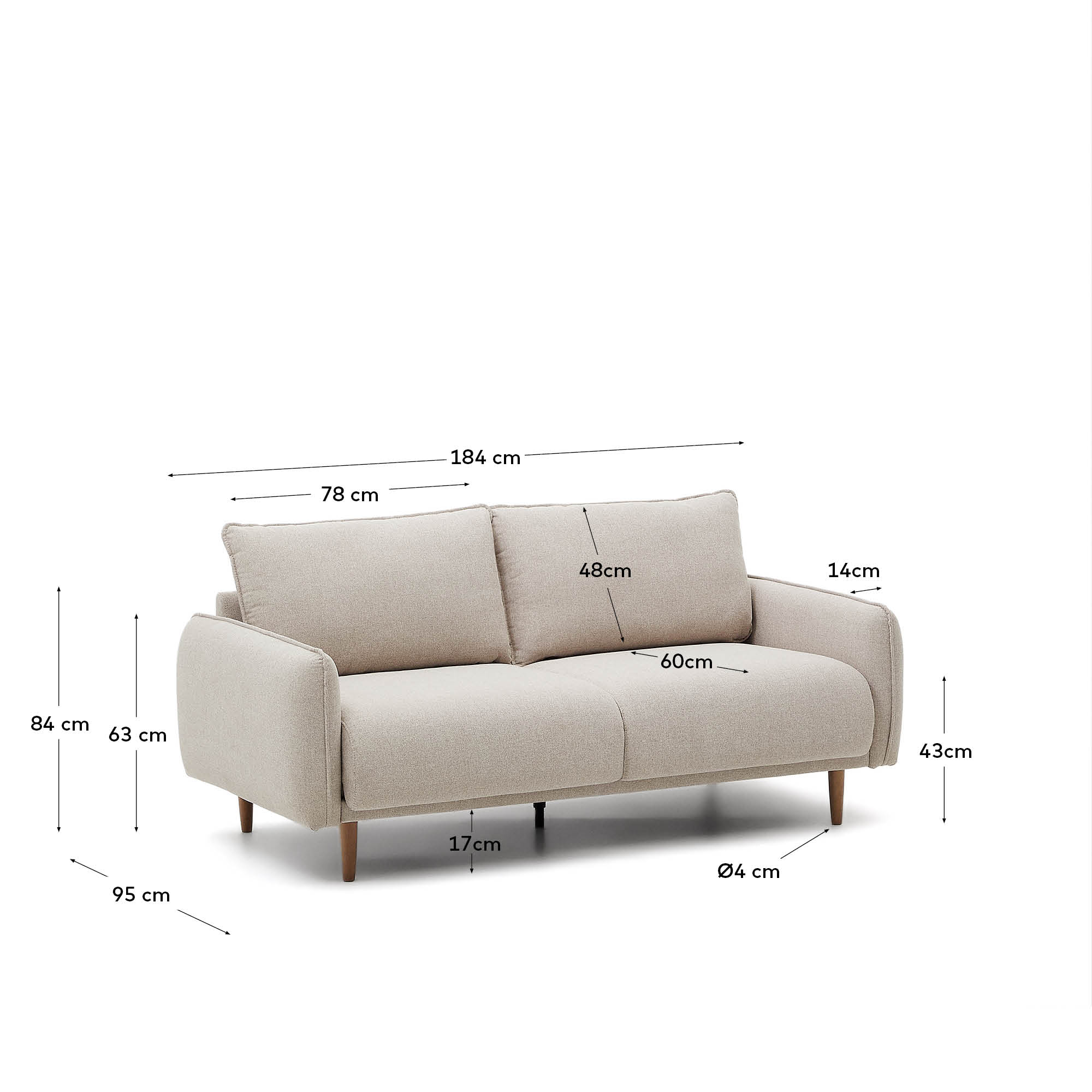 Beige Carlota 2-Sitzer-Sofa von Kave Home, 184 cm, zeitloses Design, umweltfreundliche Füllung, perfekt für modernes Wohnen und Entspannung.