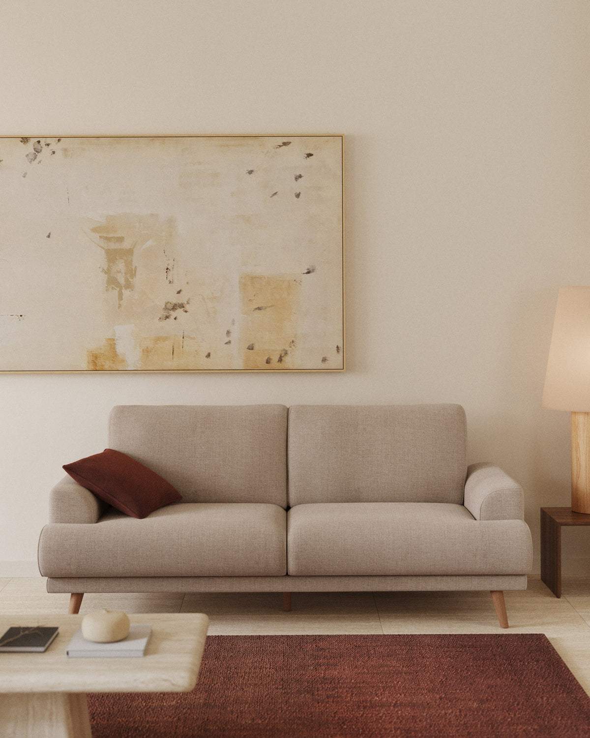 2-Sitzer-Sofa Karin aus beiger Chenille mit Beinen aus massivem Buchenholz mit walnussfarbener Oberfläche 210 cm in Beige präsentiert im Onlineshop von KAQTU Design AG. 2er Sofa ist von Kave Home
