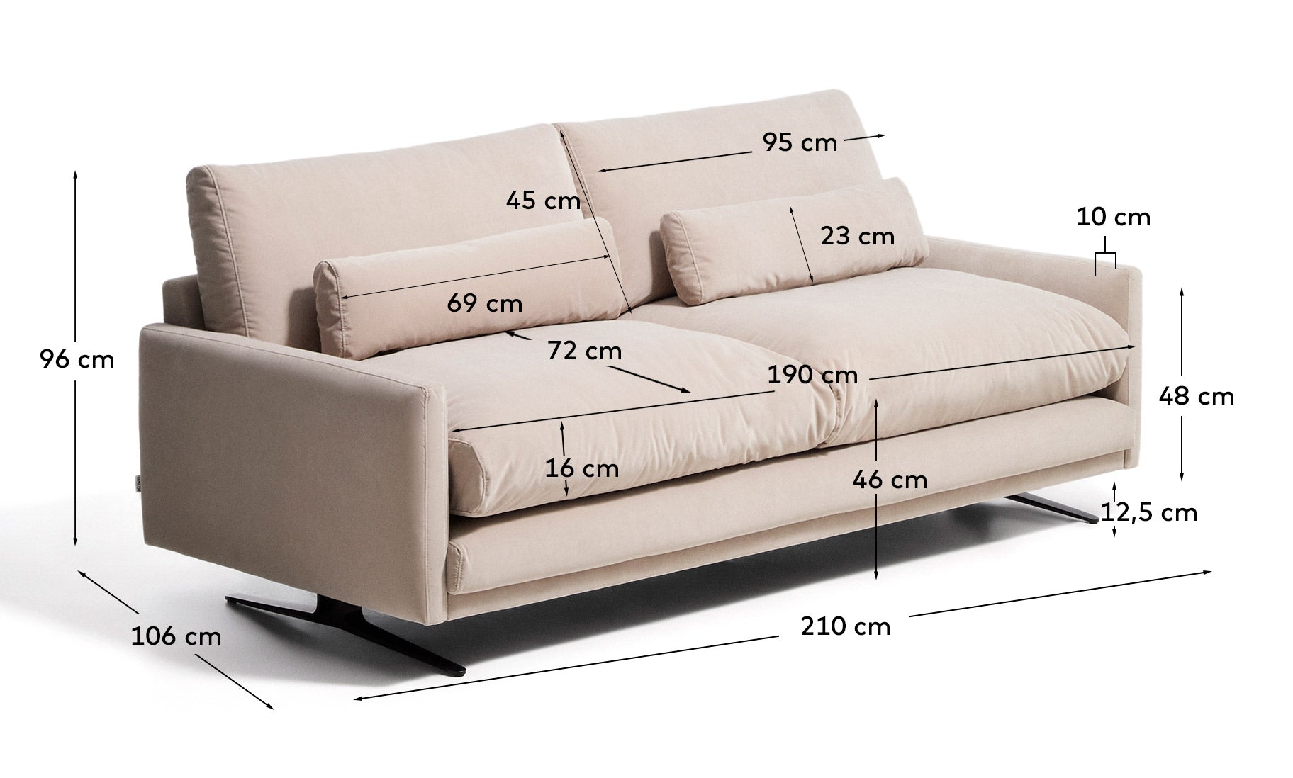 2-Sitzer-Sofa Veliro, schwer entflammbar, mit perlweissem Samt und Stahlbeinen mit schwarzem Finish, 210 cm, FSC Mix Credit in Perle präsentiert im Onlineshop von KAQTU Design AG. 2er Sofa ist von Kave Home
