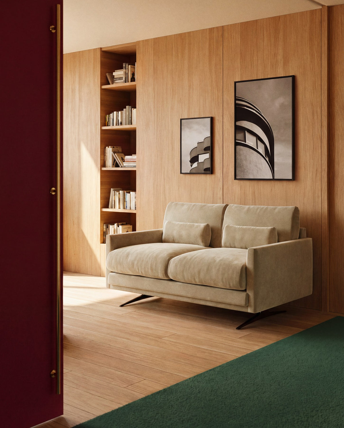 2-Sitzer-Sofa Veliro von Kave Home mit beigem Chenille-Bezug, gepolsterten Armlehnen und schwarzen matten Stahlbeinen.