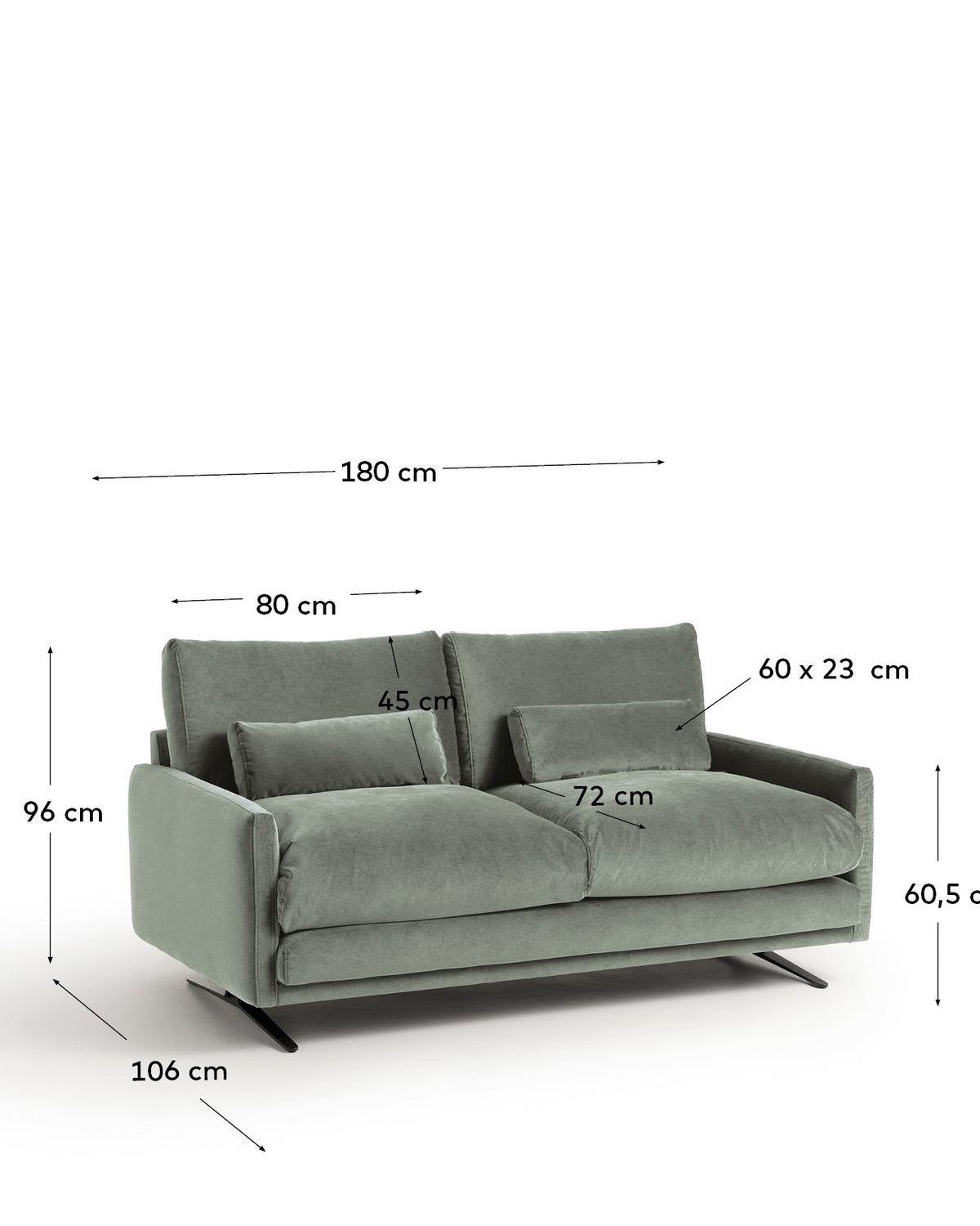 2-Sitzer-Sofa Veliro von Kave Home mit grünem Samtbezug, schwarzen pulverbeschichteten Stahlbeinen und gepolsterten Armlehnen, Frontalansicht.