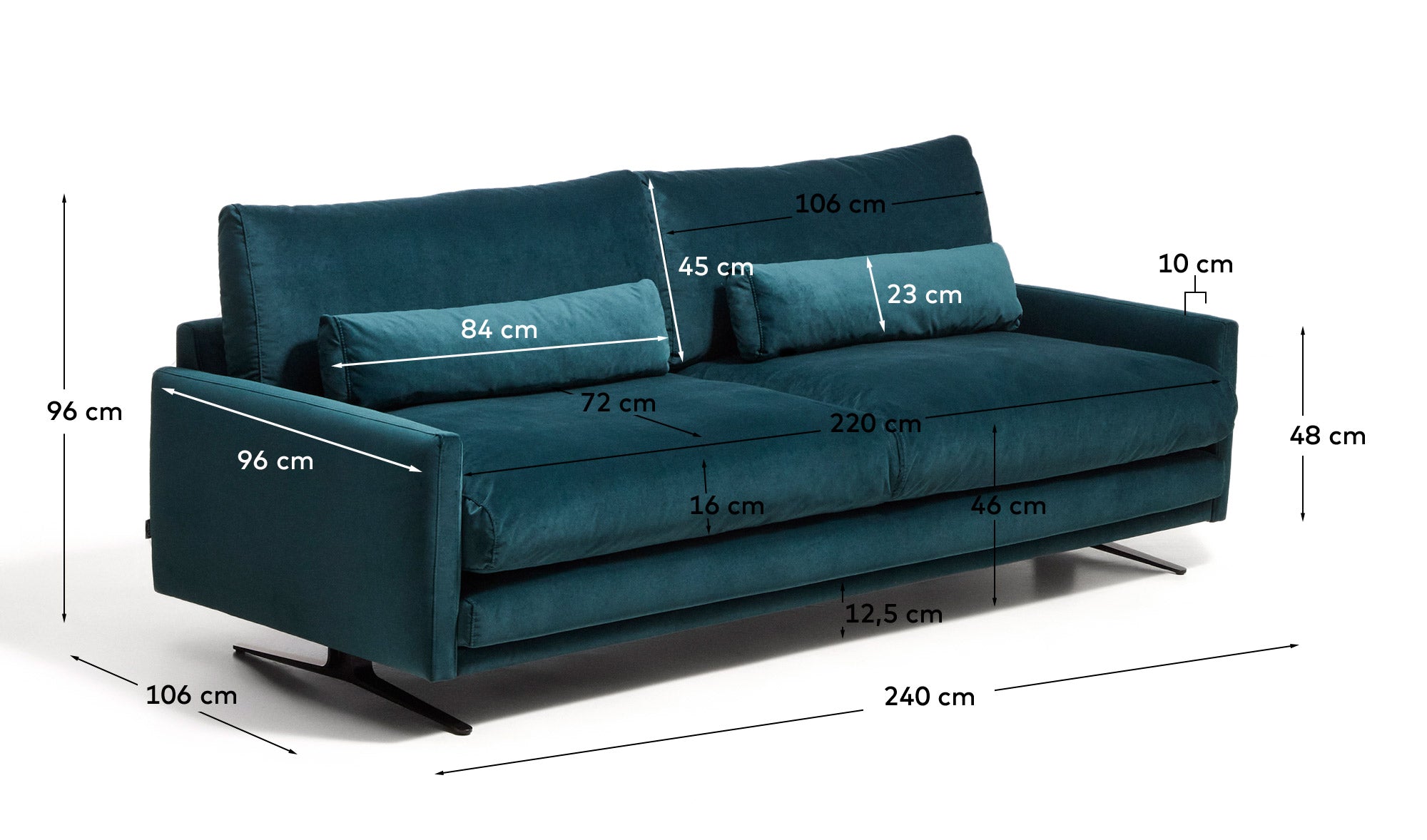 3-Sitzer-Sofa Veliro, schwer entflammbar, mit Samt in dunklem Türkis und Stahlbeinen mit schwarzem Finish, 240 cm, FSC Mix Credit in Grün präsentiert im Onlineshop von KAQTU Design AG. 3er Sofa ist von Kave Home