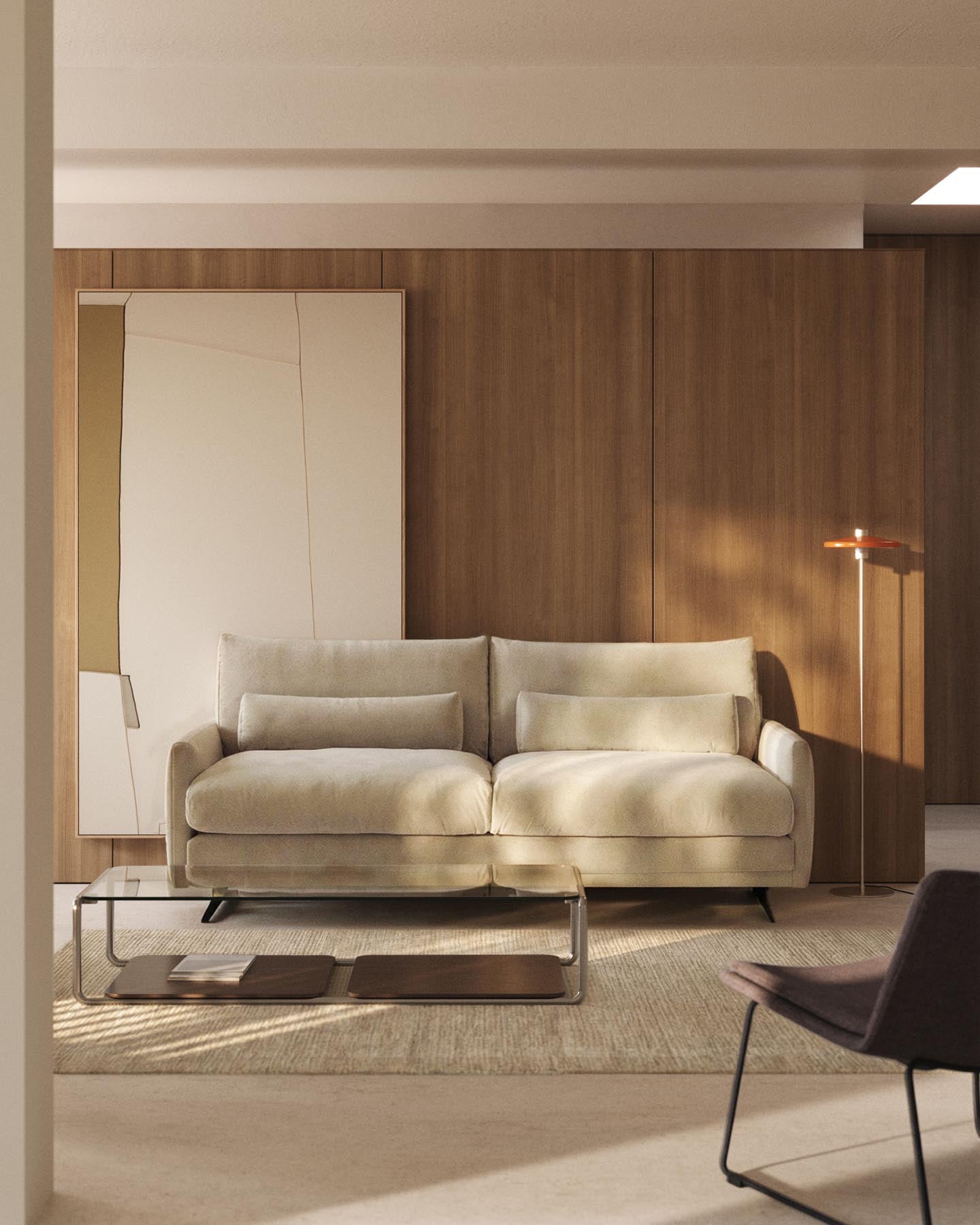 3-Sitzer-Sofa Veliro, schwer entflammbar, mit perlweissem Samt und Stahlbeinen mit schwarzem Finish, 240 cm, FSC Mix Credit in Perle präsentiert im Onlineshop von KAQTU Design AG. 3er Sofa ist von Kave Home