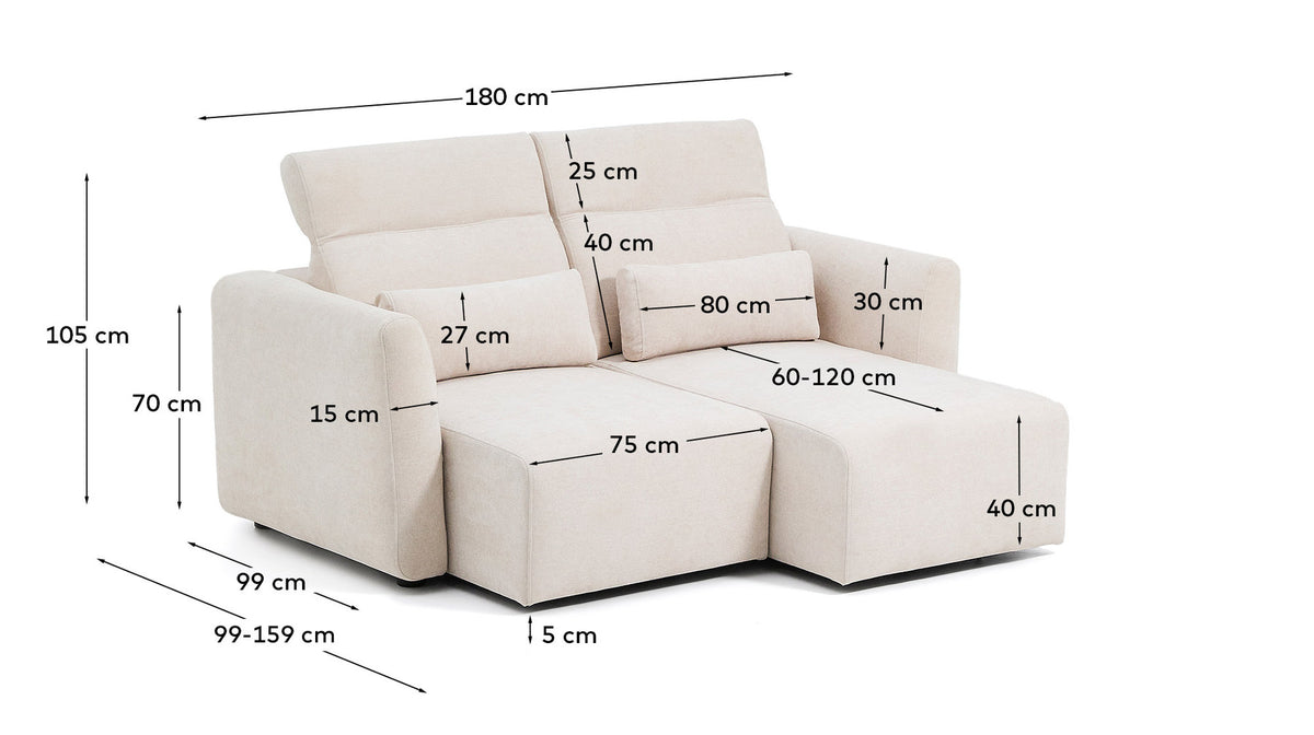 2-Sitzer-Sofa Lares mit elektrisch ausfahrbaren Sitzen und verstellbarer Kopfstütze in beiger Chenille, 180 cm in Beige präsentiert im Onlineshop von KAQTU Design AG. 2er Sofa ist von Kave Home