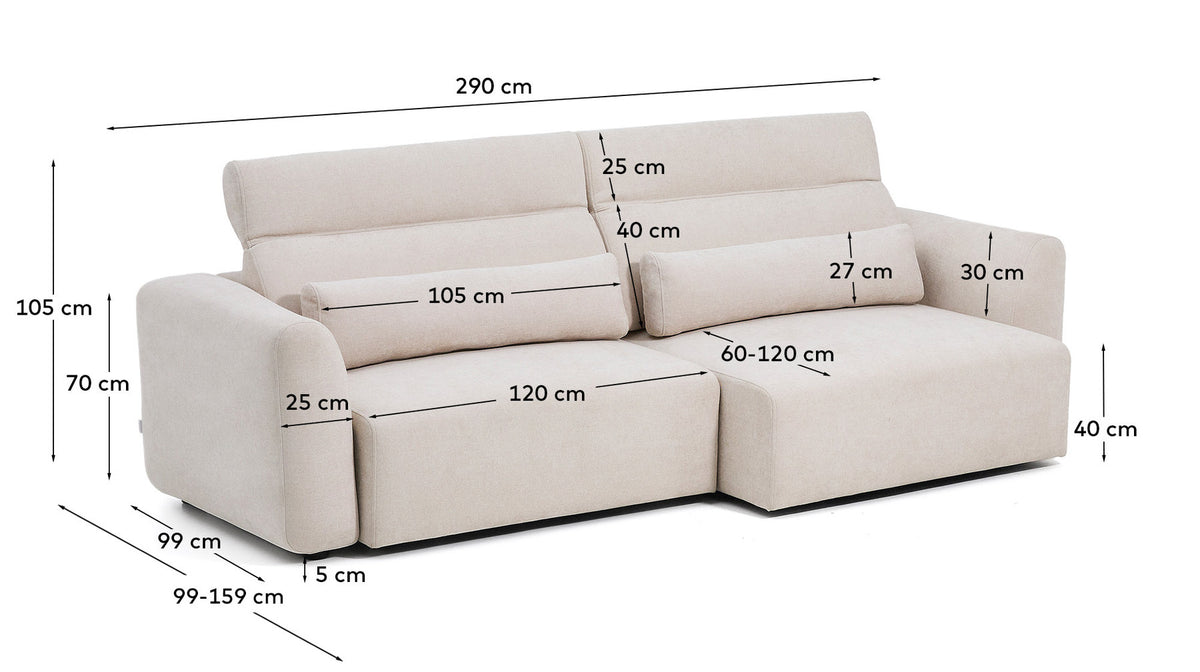Beiges 4er Sofa Lares aus Chenille mit Kopfstützen und schwarzen Beinen