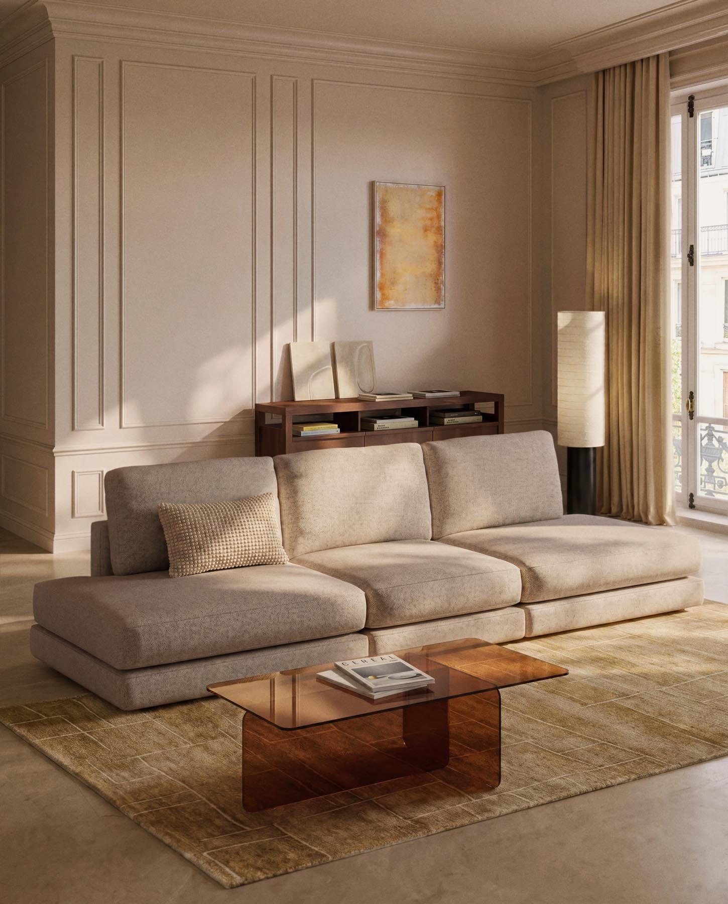4-Sitzer-Modularsofa Gala aus beigem Microbouclé, FSC Mix Credit, 330 cm in Beige präsentiert im Onlineshop von KAQTU Design AG. 4er Sofa ist von Kave Home