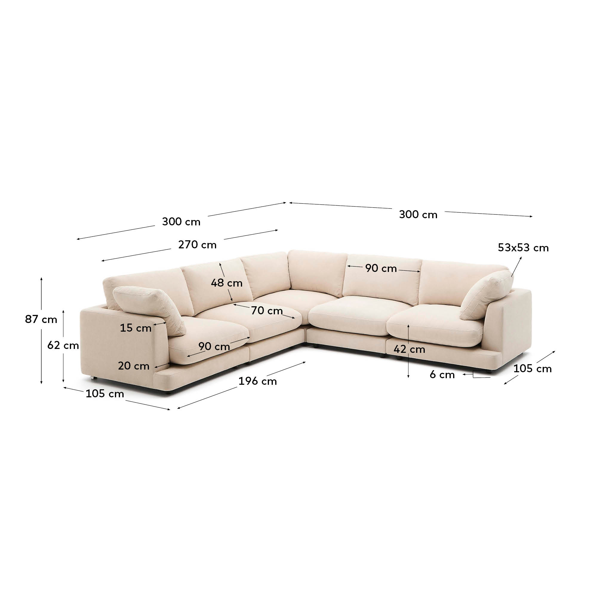 Elegantes 6-Sitzer Ecksofa Gala in beigem Chenille, 300x300 cm, bietet luxuriösen Komfort und pflegeleichte, wendbare Kissen für stilvolle Wohnräume.