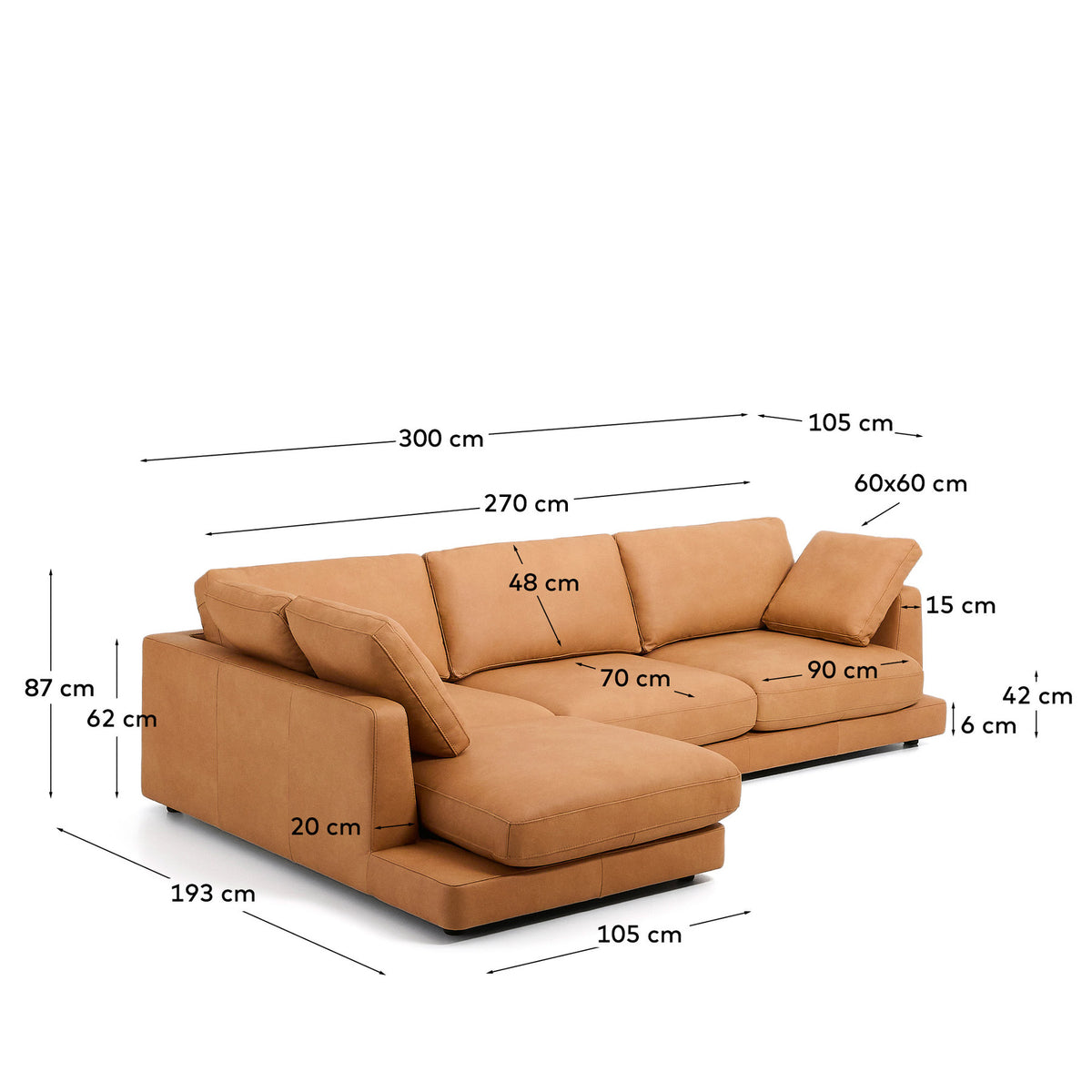 4-Sitzer-Sofa Gala mit Chaiselongue links in braunem Leder, 300 cm in Braun präsentiert im Onlineshop von KAQTU Design AG. 4er Sofa ist von Kave Home