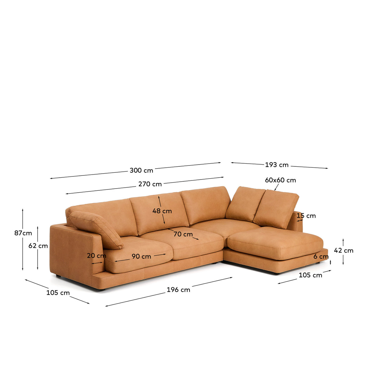 4-Sitzer-Sofa Gala mit Chaiselongue rechts in braunem Leder, 300 cm in Braun präsentiert im Onlineshop von KAQTU Design AG. 4er Sofa ist von Kave Home