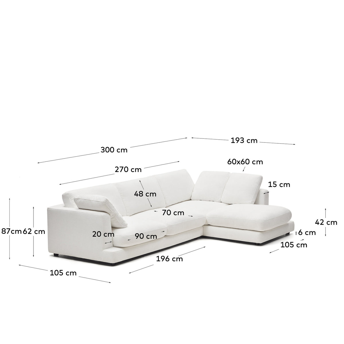 4-Sitzer-Sofa Gala mit weisser Chenille und Chaiselongue rechts FSC Mix Credit 300 cm in Weiss präsentiert im Onlineshop von KAQTU Design AG. 4er Sofa ist von Kave Home