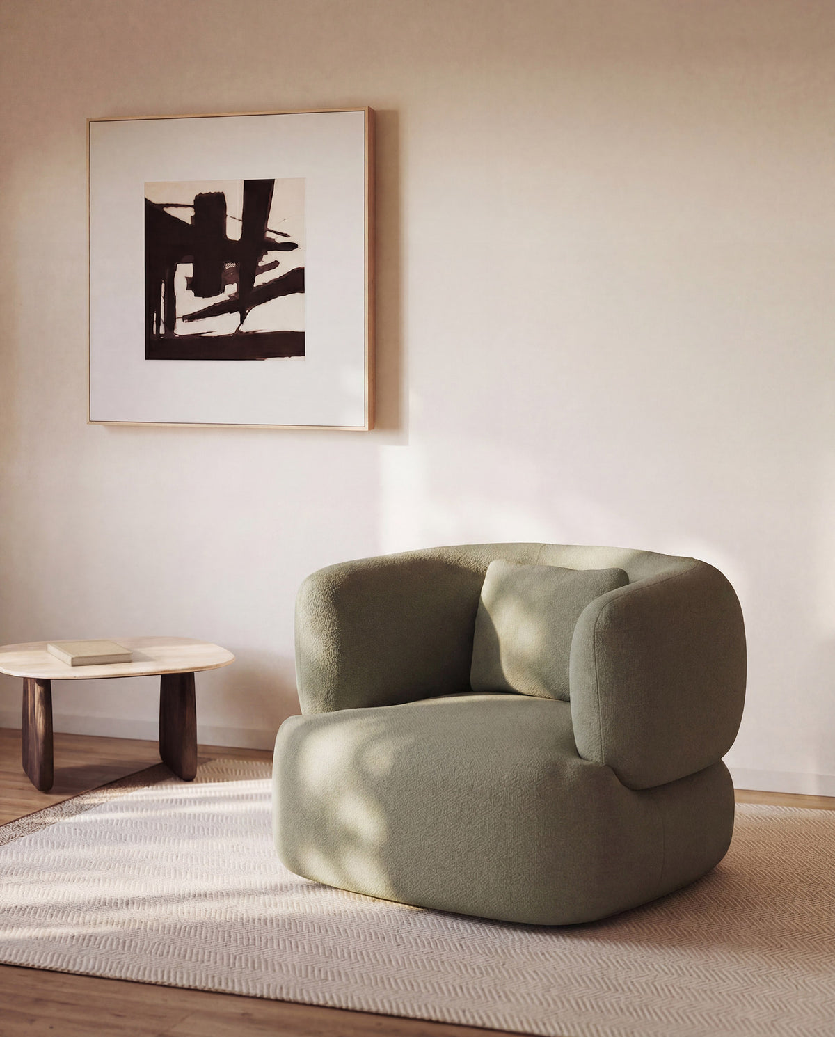 Schwer entflammbarer Sessel Martina mit Kissen in grüner Chenille FSC Mix Credit in Grün präsentiert im Onlineshop von KAQTU Design AG. Sessel ist von Kave Home