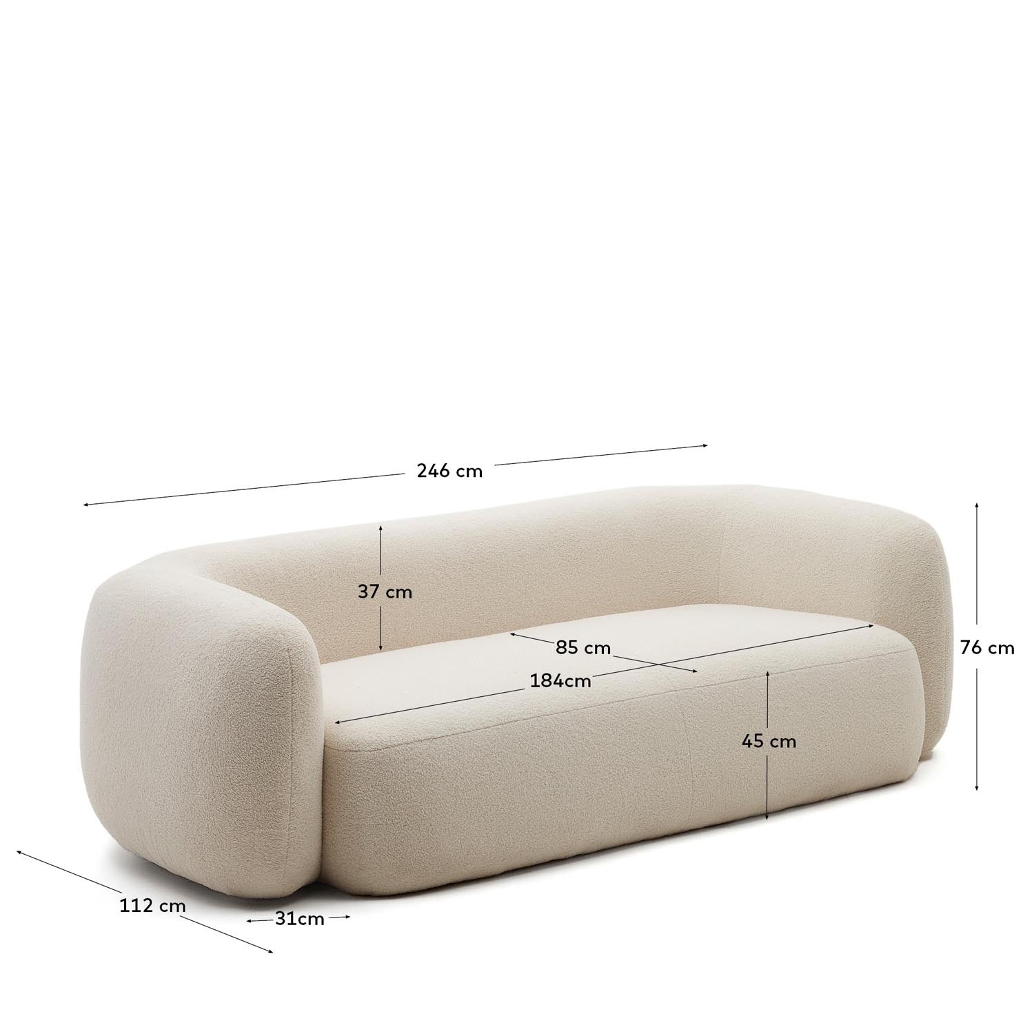 Stilvolles 3-Sitzer-Sofa Martina in Ecru, 246 cm, aus nachhaltigem Bouclé-Polyester, ideal für modernes Wohnen und hohen Komfort.