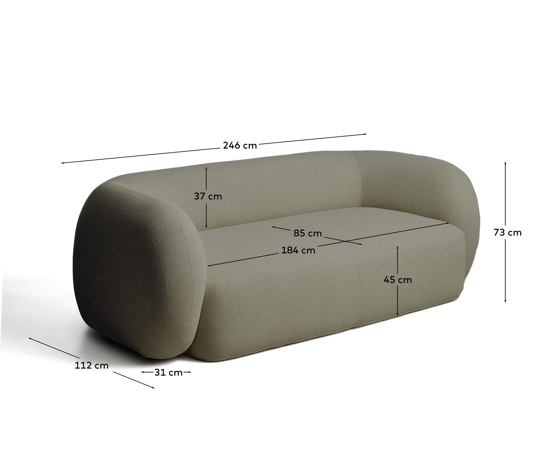 Schwer entflammbares 3-Sitzer-Sofa Martina in grüner Chenille 246 cm FSC Mix Credit in Grün präsentiert im Onlineshop von KAQTU Design AG. 3er Sofa ist von Kave Home