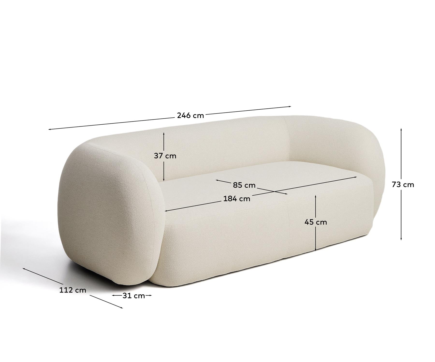 Schwer entflammbares 3-Sitzer-Sofa Martina aus Chenille in Ecru 246 cm FSC Mix Credit in Ecru präsentiert im Onlineshop von KAQTU Design AG. 3er Sofa ist von Kave Home