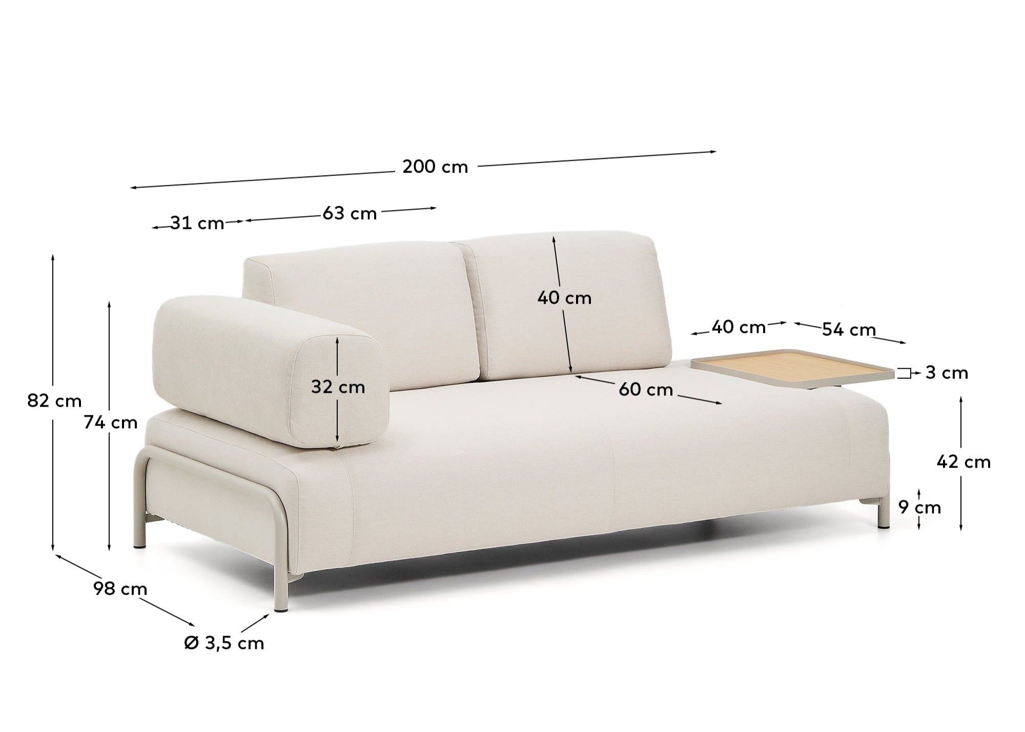 Entdecken Sie das stilvolle 2-Sitzer-Sofa Compo in Ecru von Kave Home. Hochwertiger Chenille-Stoff und elegantes Eichenfurnier-Tablett für Ihr Zuhause!