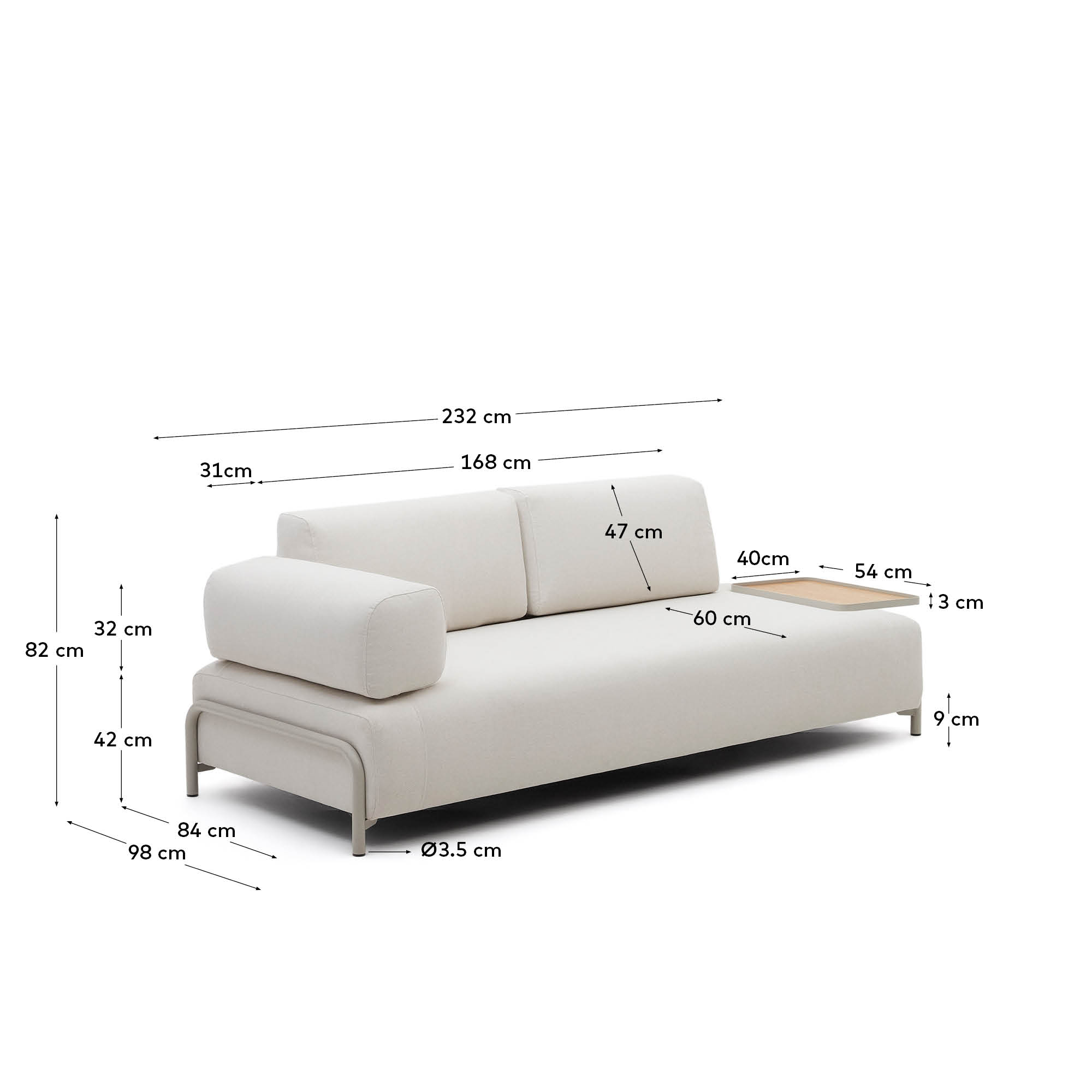 Elegantes 3-Sitzer-Sofa in Chenille Beige, 232 cm, mit praktischem Eichenfurnier-Tablett und stabiler Metallbasis – ideal für stilvolle Wohnräume.