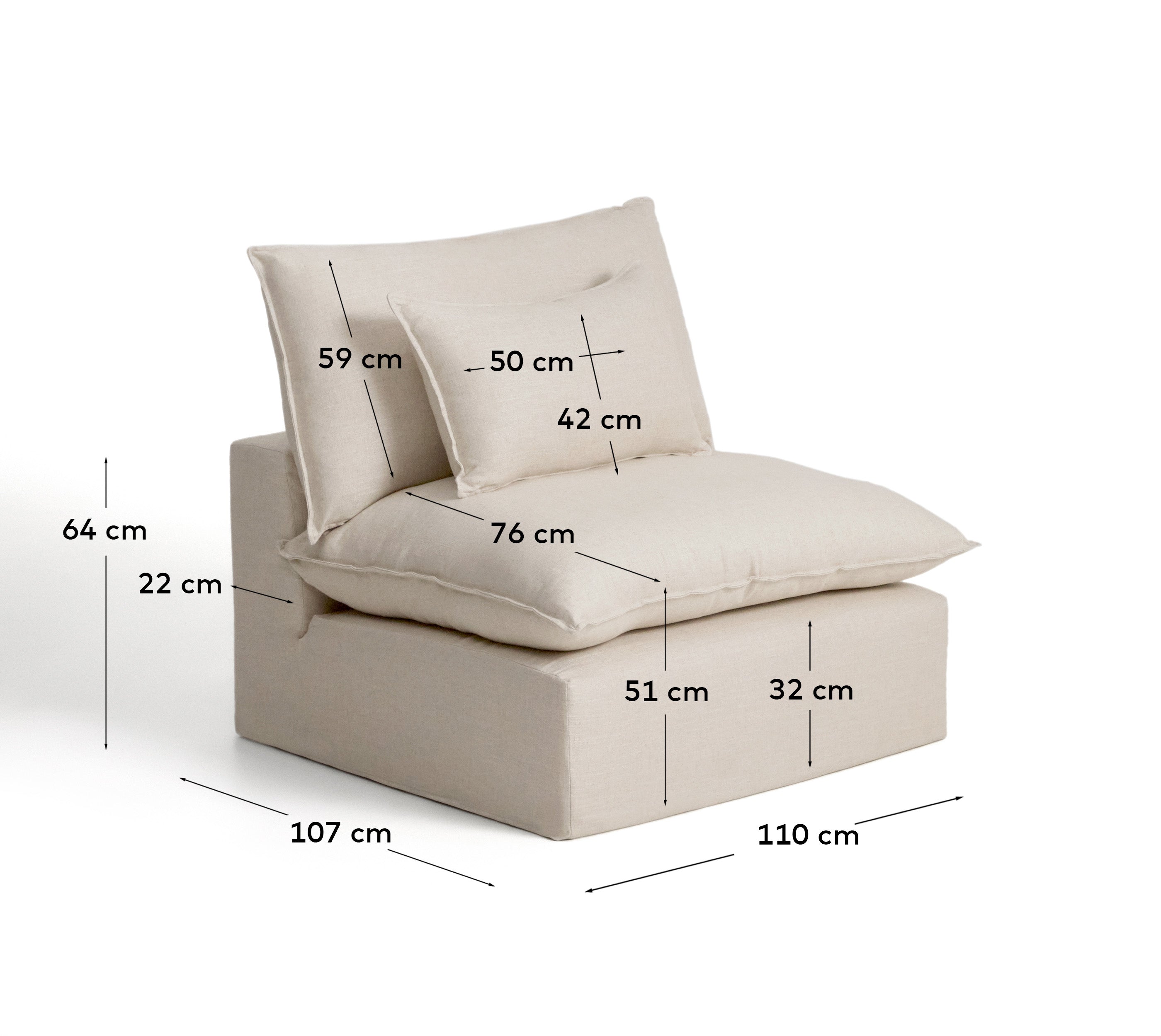 Beige Sessel Anarela mit abnehmbarem Leinen-Viskose-Bezug, 110 cm, stilvolles Design für jeden Wohnraum, nachhaltig produziert.