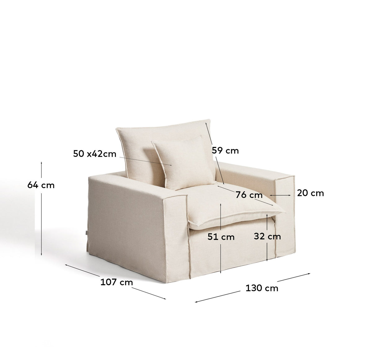 Sessel Anarela in Beige mit abnehmbarem Bezug aus Leinen und Viskose, schwarze Beine aus Polypropylen, Breite 130 cm.