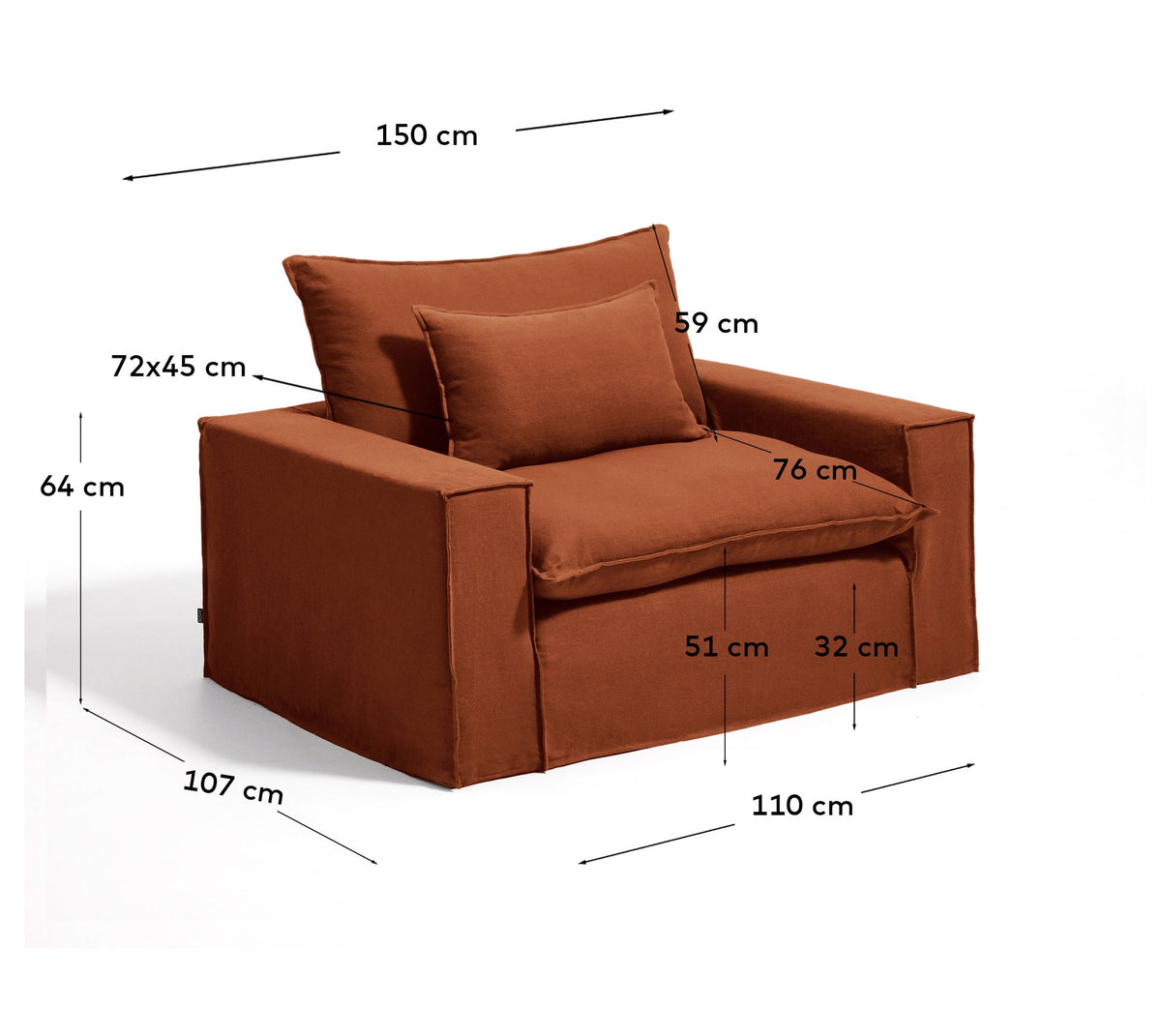 Terrakottafarbener Sessel Anarela mit abnehmbarem Leinenbezug, schwarzen Kunststoffbeinen und gepolsterter Sitzfläche, Breite 150 cm.