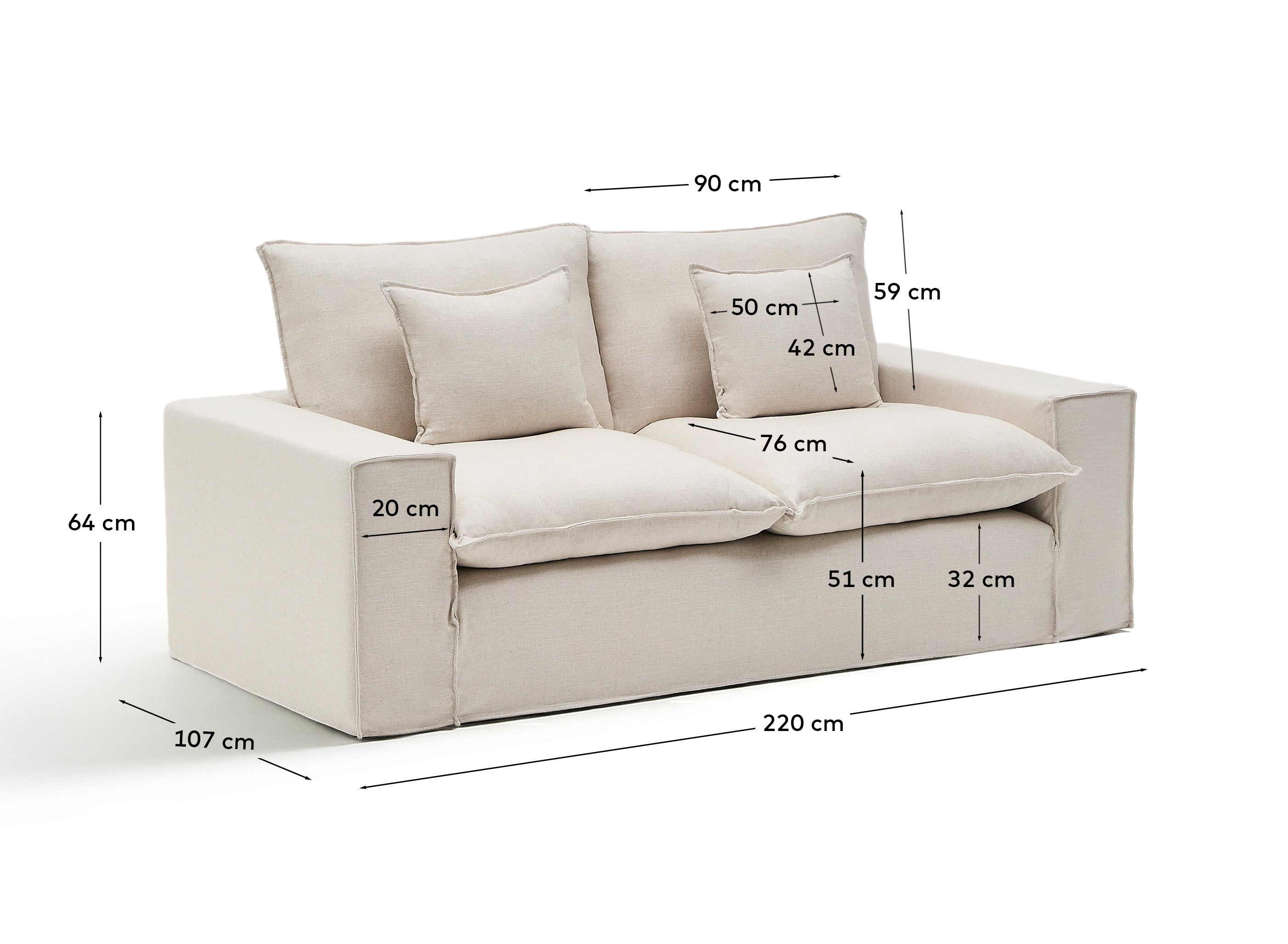 Elegantes 2-Sitzer-Sofa Anarela in sanftem Beige, gefertigt aus Leinen und Viskose, mit abnehmbarem Bezug für einfache Pflege und modernes Design.