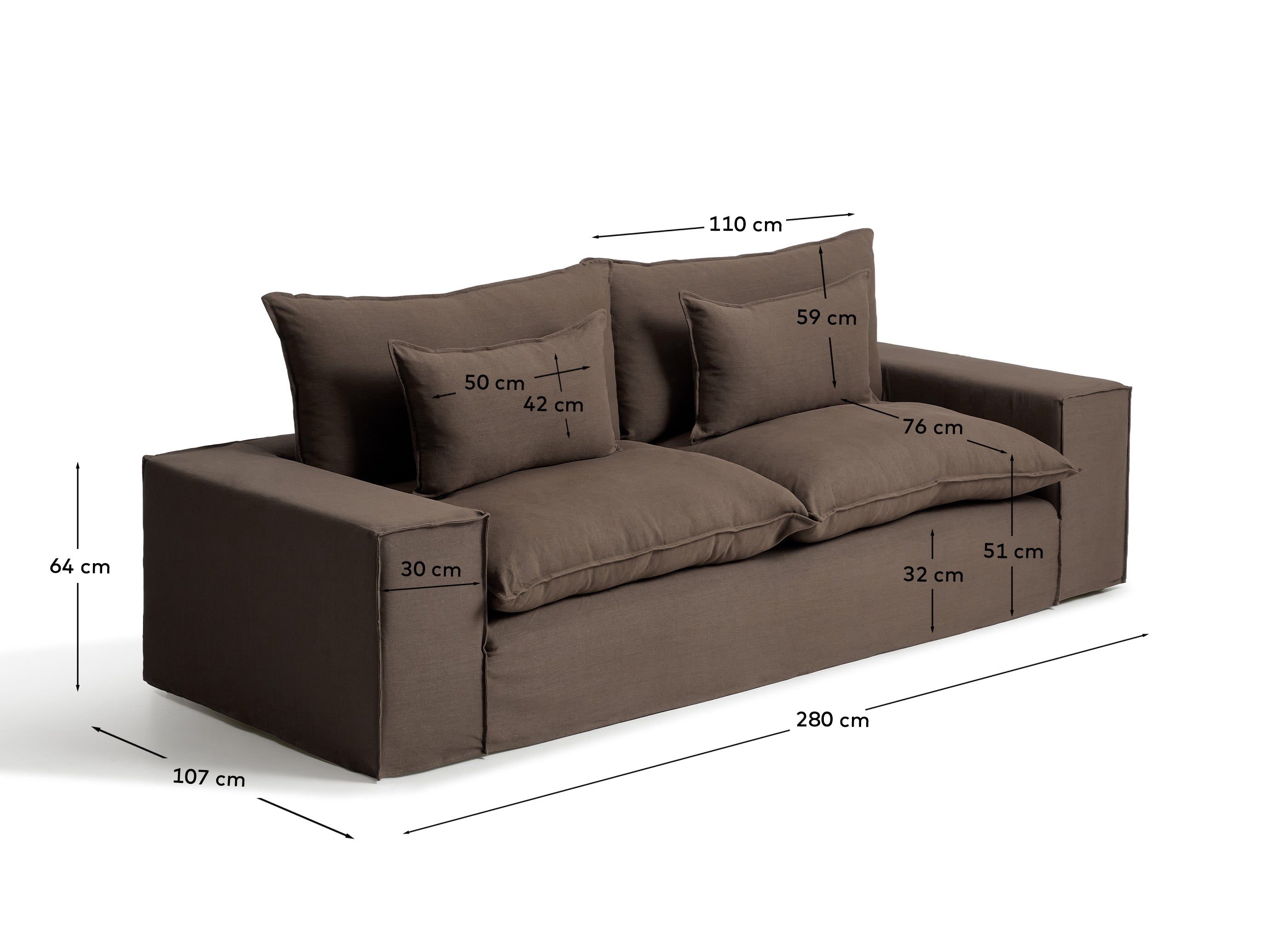 Stilvolles 3-Sitzer-Sofa Anarela in sanftem Taupe, 280 cm, aus hochwertigem Leinen mit abnehmbarem Bezug für vielseitige Einrichtungsmöglichkeiten.