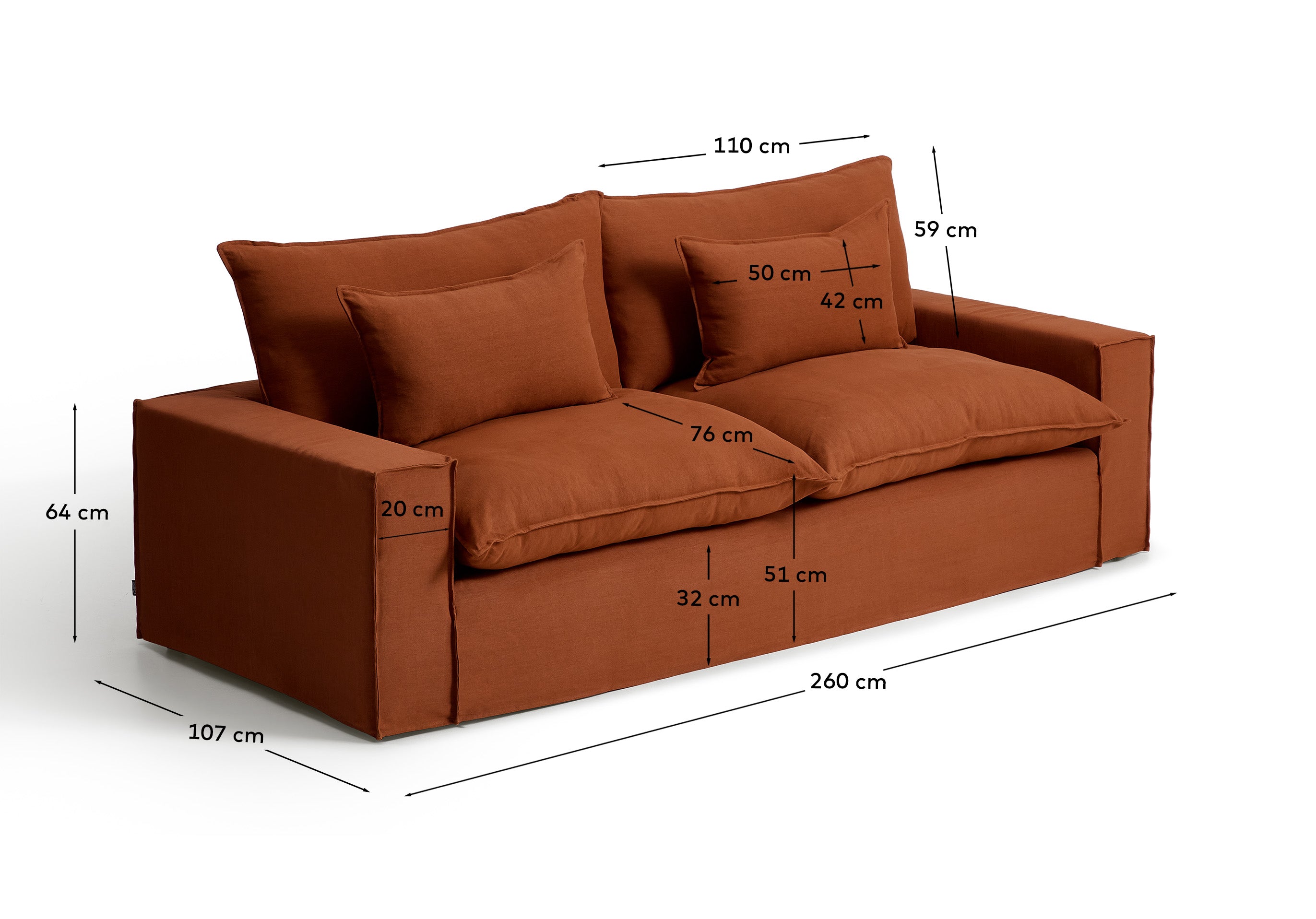Stylisches 3-Sitzer-Sofa Anarela in Terrakotta, ausgestattet mit einem abnehmbaren Leinenbezug und nachhaltigem FSC Mix Credit Holz.