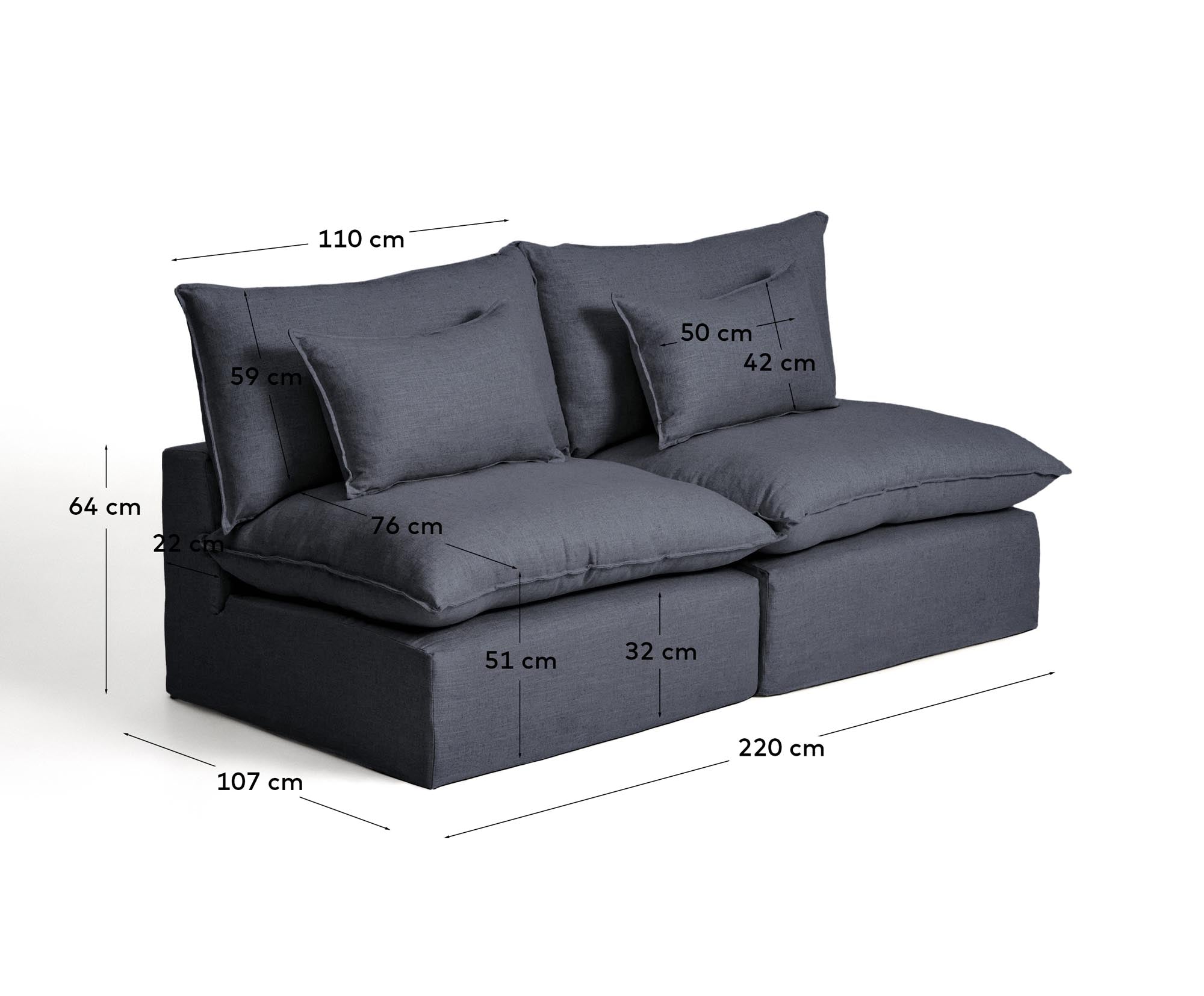 Modulares 3-Sitzer-Sofa Anarela in edlem Dunkelgrau, gefertigt aus Leinen und Viskose, mit abnehmbarem Bezug für vielseitige Einrichtungsmöglichkeiten.