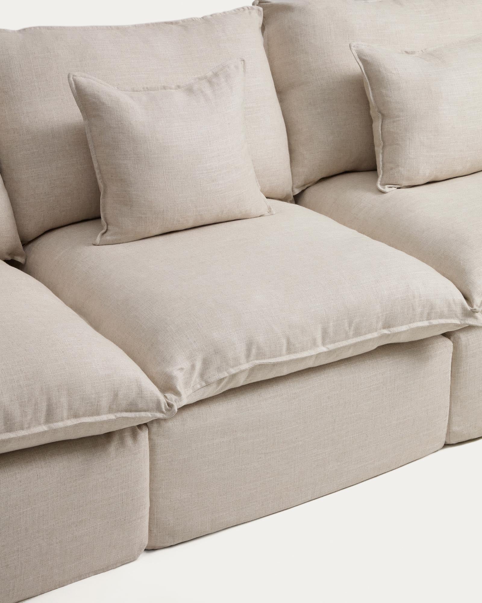 Beige 3-Sitzer-Modularsofa Anarela, 310 cm, aus Leinen und Viskose, elegantes und funktionales Möbelstück für zeitgemäße Wohnkonzepte.