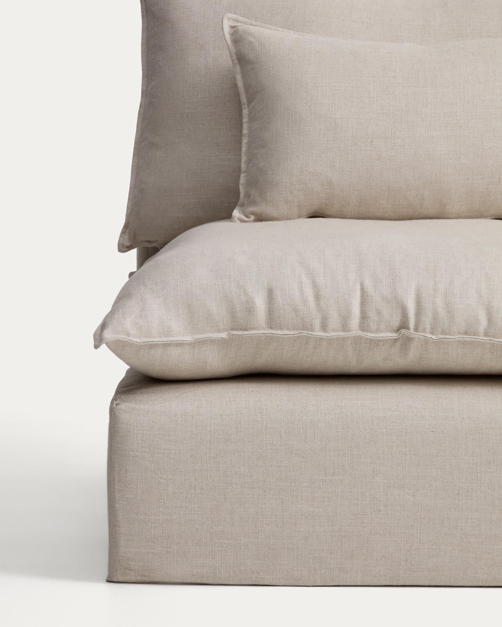 Beige 3-Sitzer-Modularsofa Anarela aus Leinen und Viskose, 310 cm, mit abnehmbarem Bezug und elegantem Randmodul, ideal für modernes Wohnen.