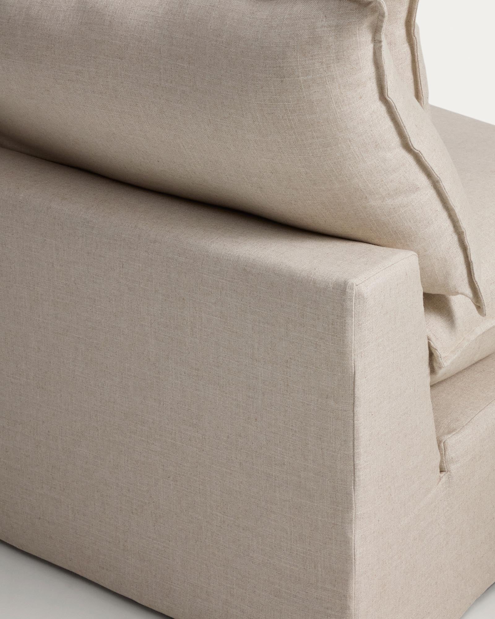 Beige 3-Sitzer-Modularsofa Anarela, 310 cm, aus Leinen und Viskose, mit abnehmbarem Bezug und stilvollem Randmodul für modernen Wohnkomfort.