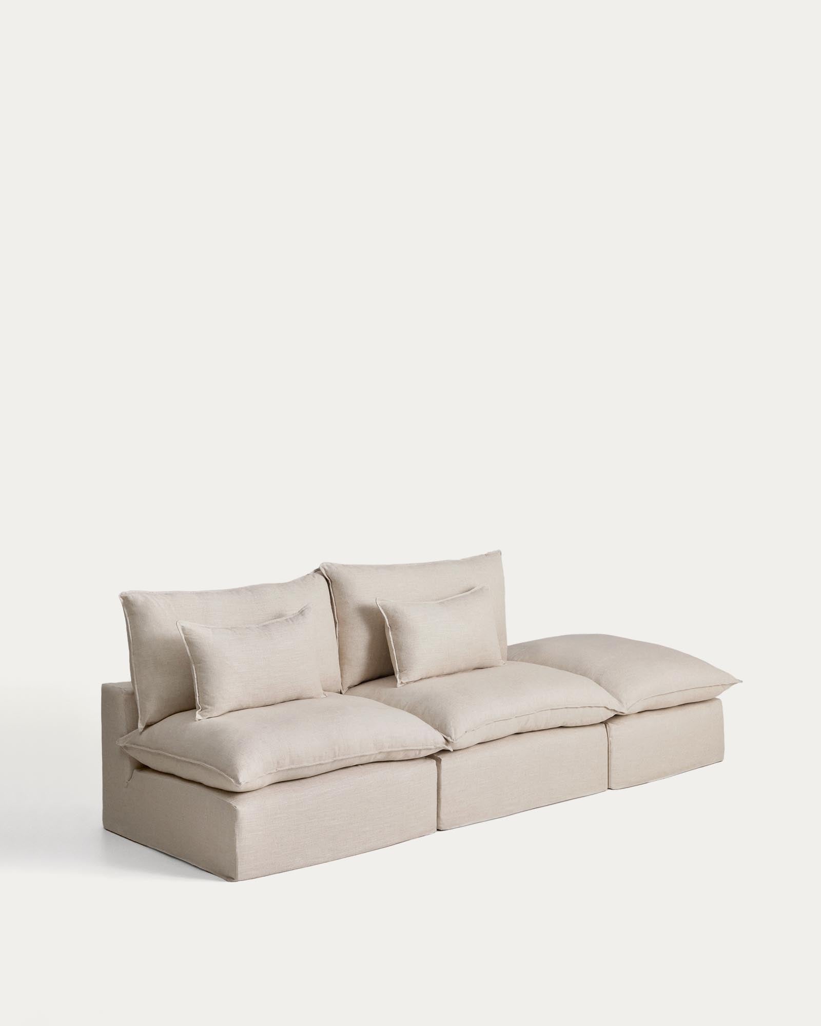 Beige 3-Sitzer-Modularsofa Anarela, 310 cm, aus Leinen und Viskose, mit abnehmbarem Bezug und elegantem Randmodul für zeitgemäßen Wohnstil.