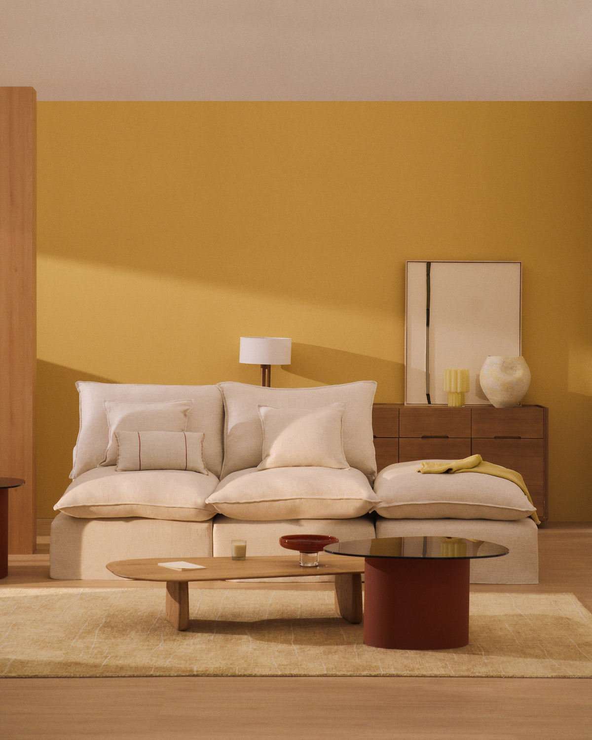 3-Sitzer-Modularsofa Anarela mit abnehmbarem Bezug und Randmodul aus Leinen und Viskose in Beige, 310 cm, FSC Mix Credit in Beige präsentiert im Onlineshop von KAQTU Design AG. 3er Sofa ist von Kave Home