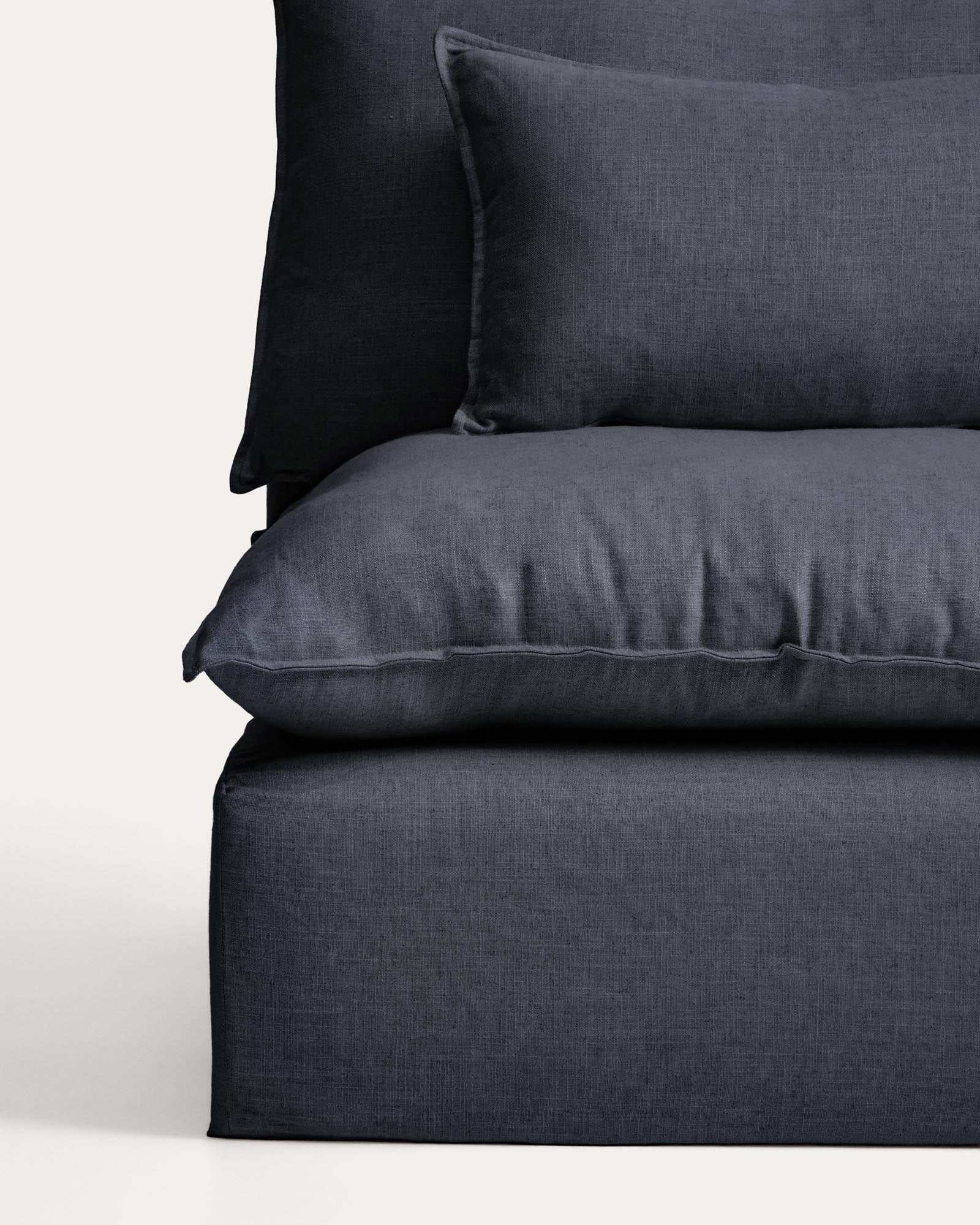 Elegantes, modulares Ecksofa in Dunkelgrau, ideal für stilvolle Wohnräume. Abnehmbarer Bezug aus Leinen und Viskose, 307 x 287 cm.