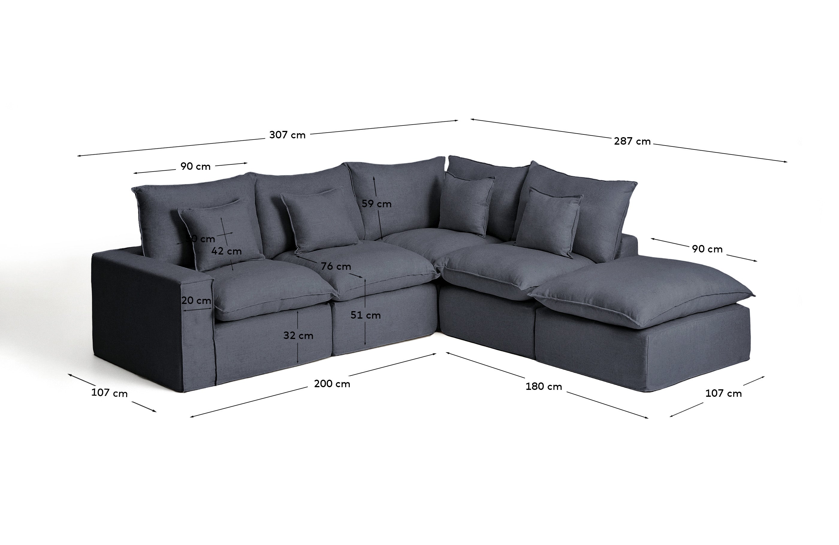 Modulares 4-Sitzer-Ecksofa Anarela in Dunkelgrau, 307 x 287 cm, mit abnehmbarem Bezug aus Leinen und Viskose, perfekt für moderne Wohnkonzepte.