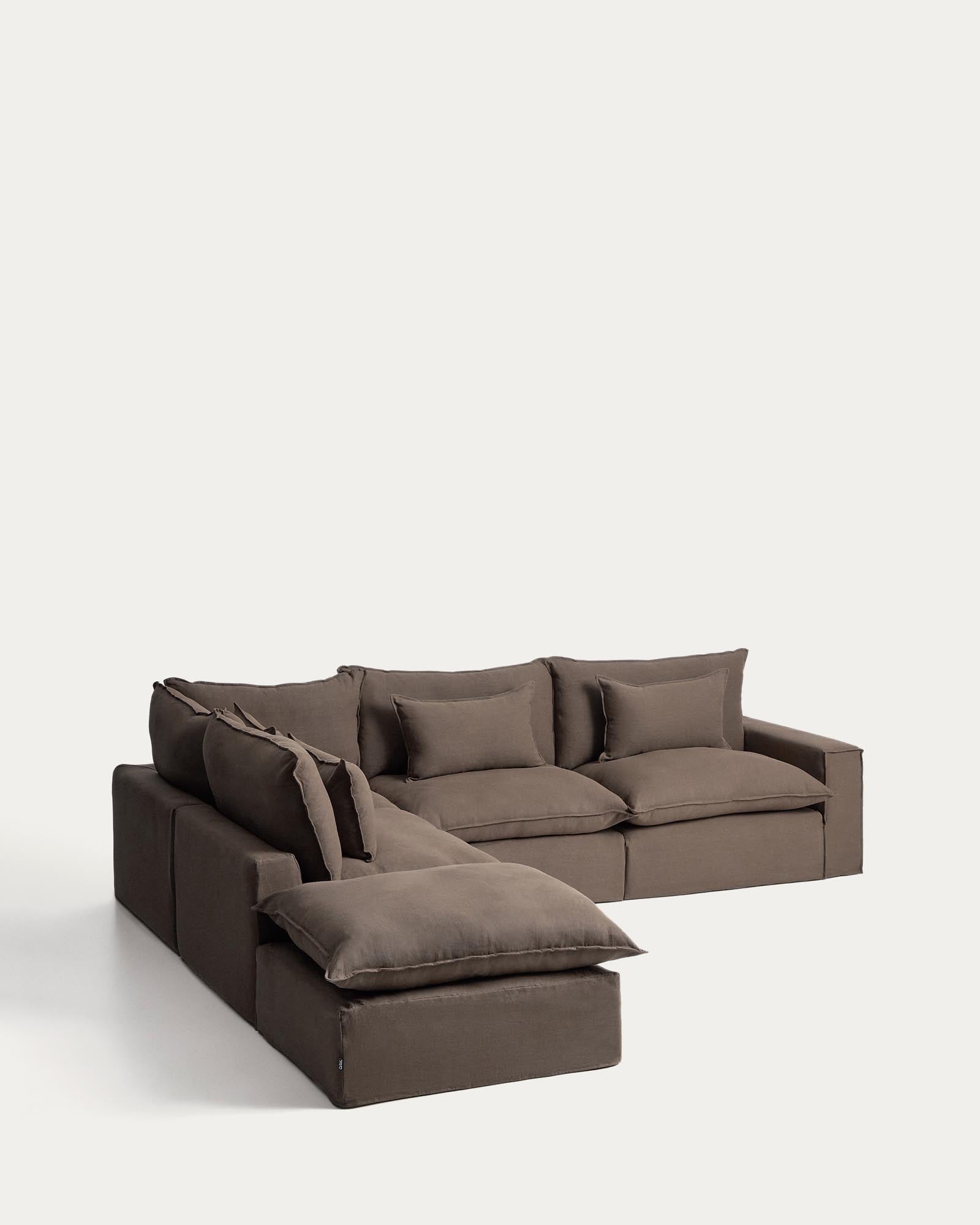 Modulares 6-Sitzer-Ecksofa Anarela in Taupe, aus hochwertigem Leinen, mit abnehmbarem Bezug und großzügigen Abmessungen für komfortable Entspannung.