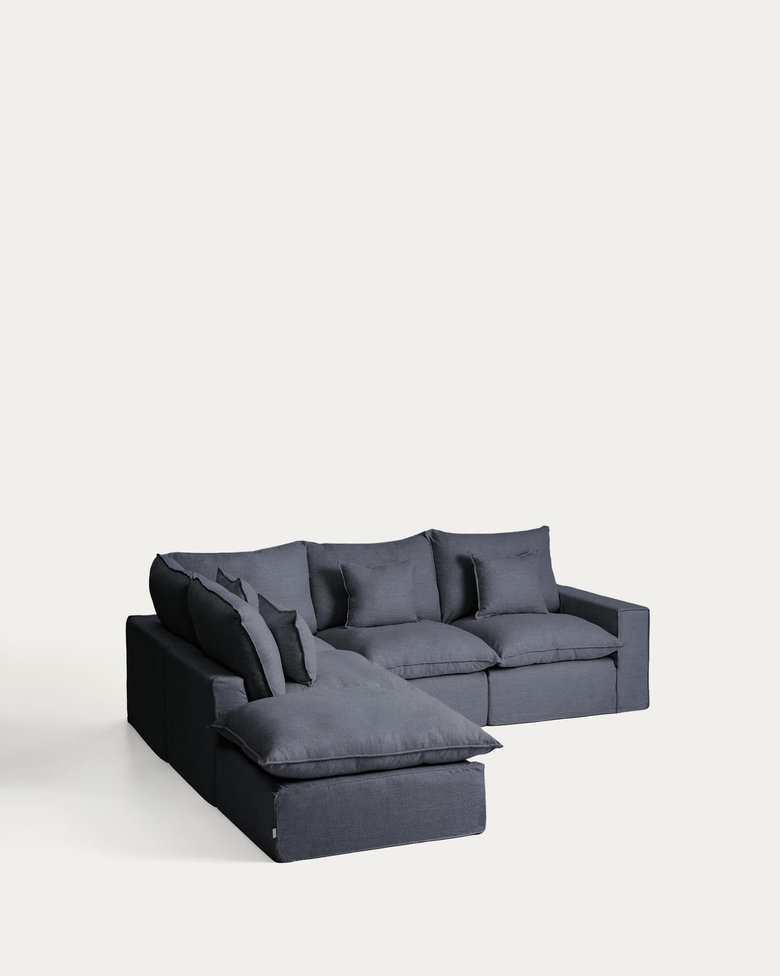 Elegantes, modulares Ecksofa für 4 Personen in Dunkelgrau, aus hochwertigem Leinen und Viskose, mit abnehmbarem Bezug und großzügigen Maßen.