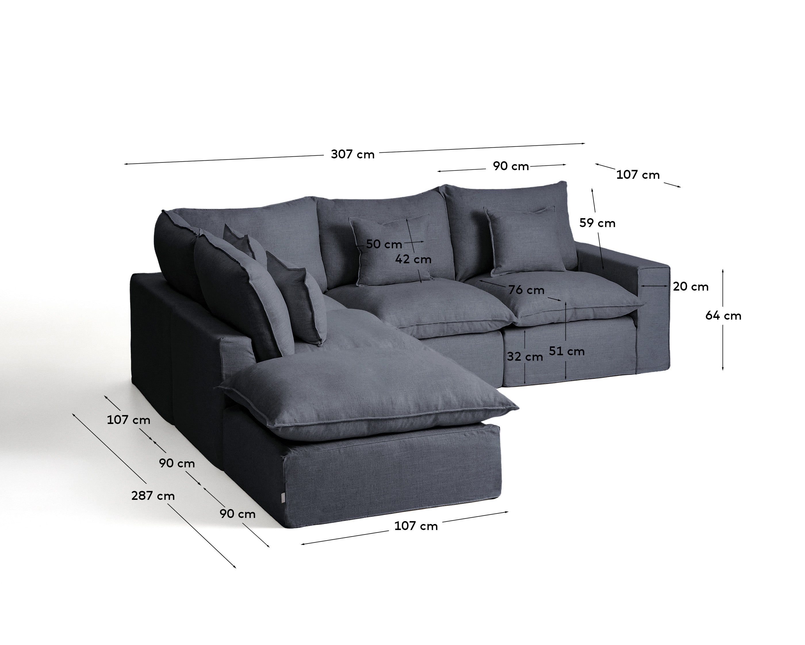 Stilvolles 4-Sitzer-Ecksofa Anarela in Dunkelgrau, aus Leinen und Viskose, mit abnehmbarem Bezug und großzügigen Abmessungen von 287 x 307 cm.