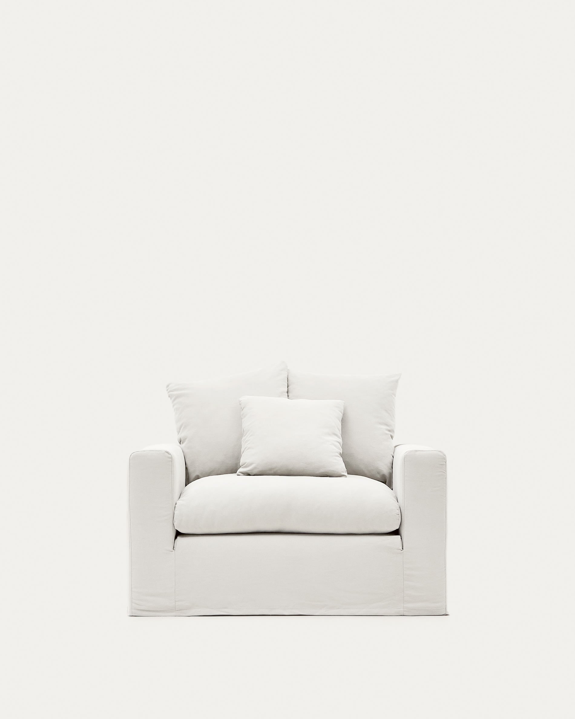 Eleganter Nora Sessel, 140 cm, naturfarben, mit abziehbarem Leinen-Baumwoll-Kissenbezug, ideal für stilvolles Wohnen.