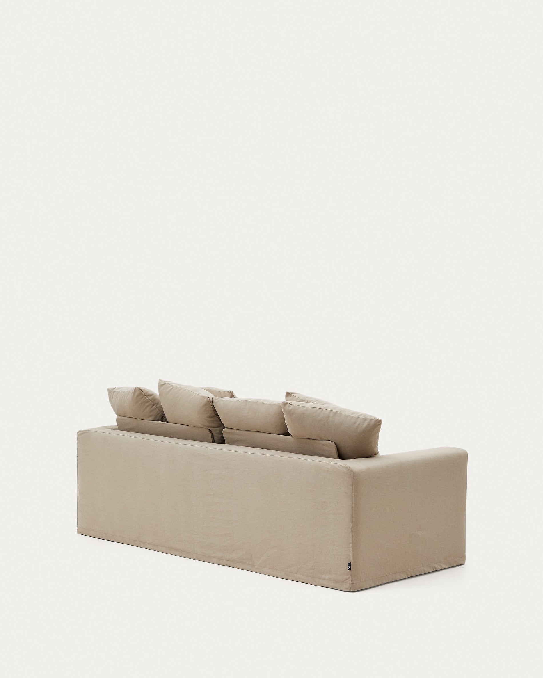 Nora 3-Sitzer-Sofa, 240 cm, mit abnehmbaren Kissenbezügen aus Leinen und Baumwolle in Taupe, perfekt für modernes Wohnen.