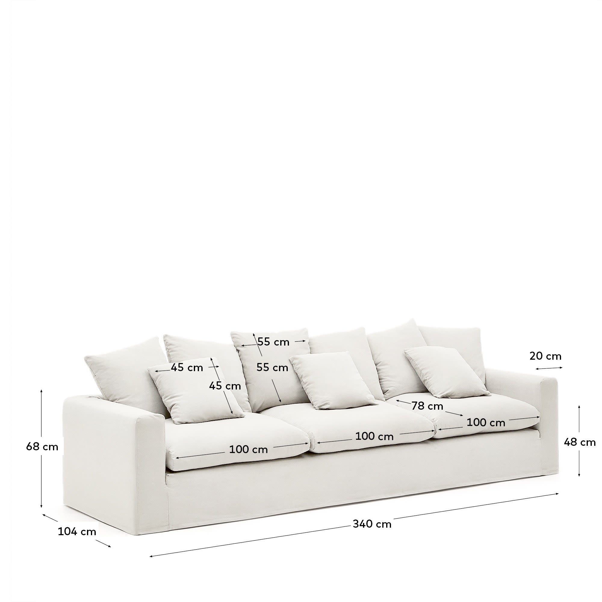 Erleben Sie das elegante Nora 4-Sitzer Sofa von Kave Home: 340 cm, abnehmbare Bezüge aus Leinen und Baumwolle, perfekt für jeden Wohnstil.